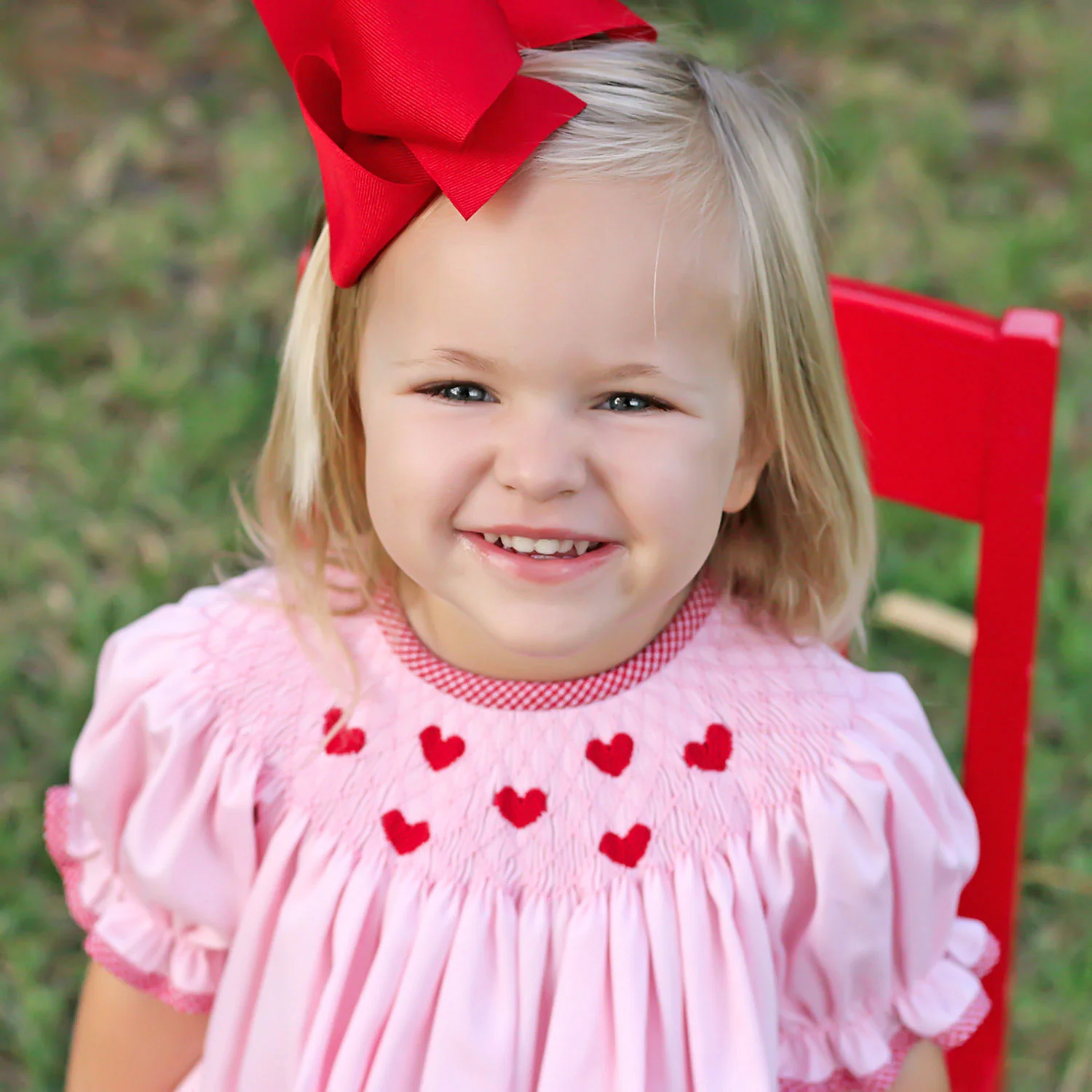 Tiny Hearts Pink Pique Smocked Bishop Dress - Image 2
