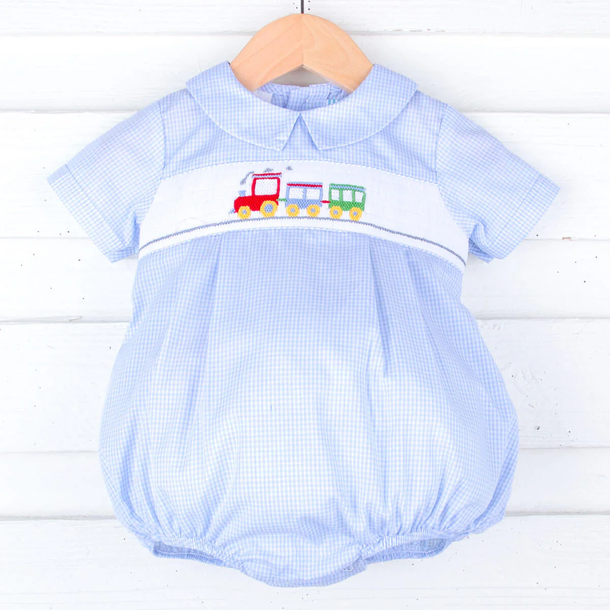 Train Smocked Light Blue Gingham Collared Bubble - Image 2