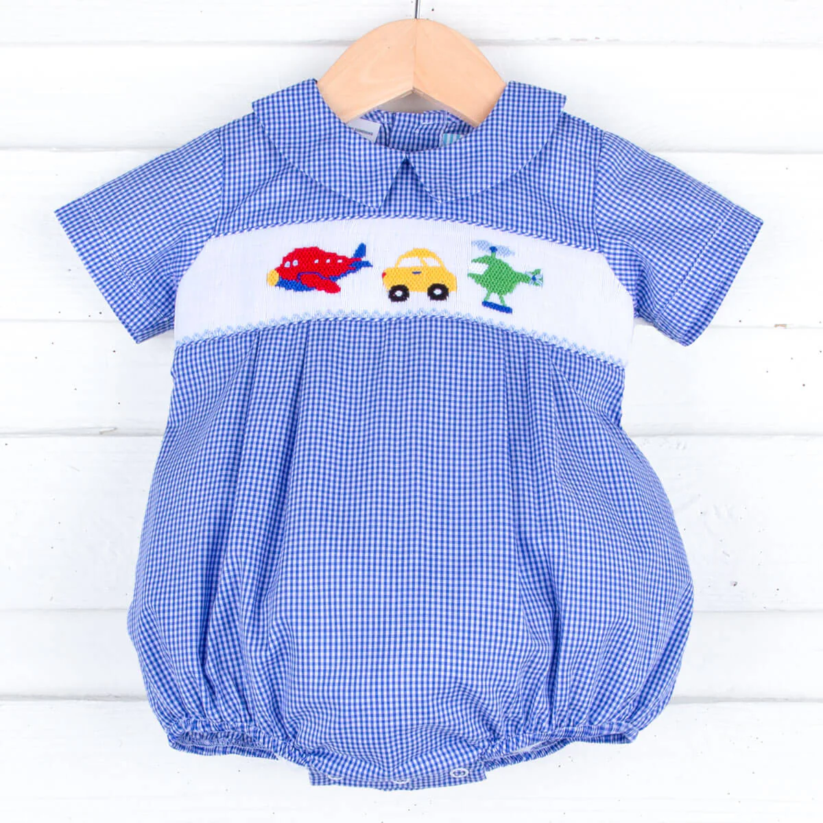 Transportation Smocked Royal Blue Gingham Collared Bubble - Image 2
