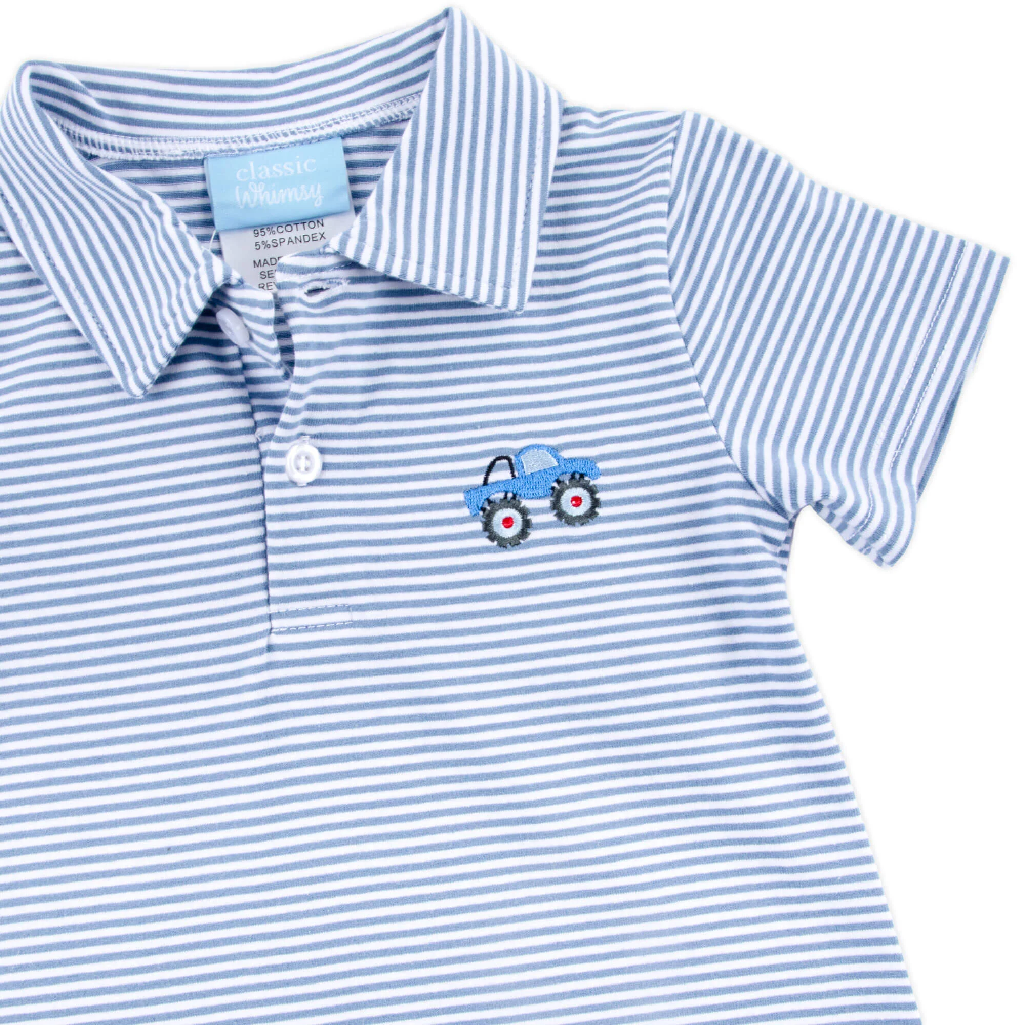 Truck Blue Stripe Polo Romper - Image 2