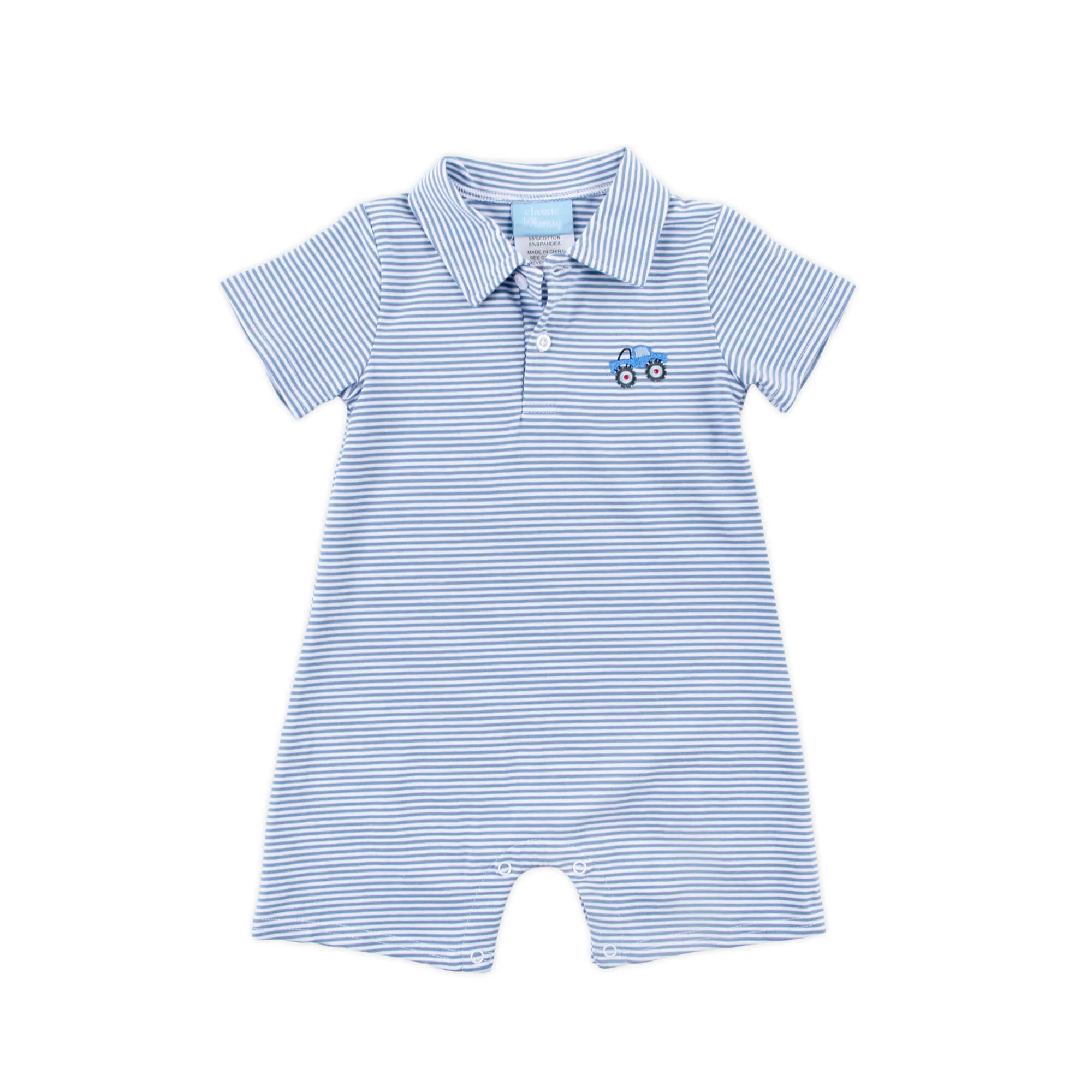 Truck Blue Stripe Polo Romper - Image 3
