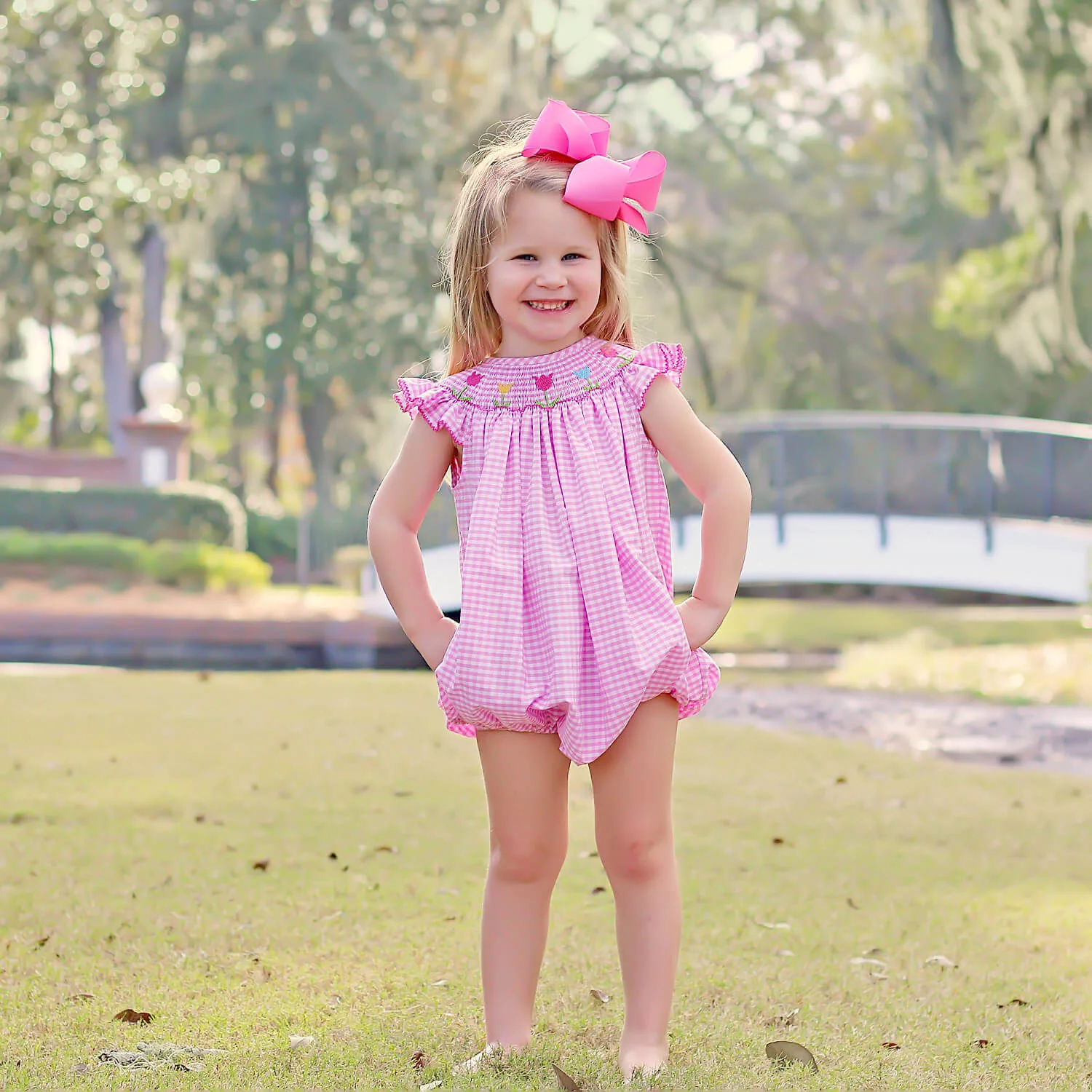 Tulip Season Pink Gingham Smocked Bubble - Image 3