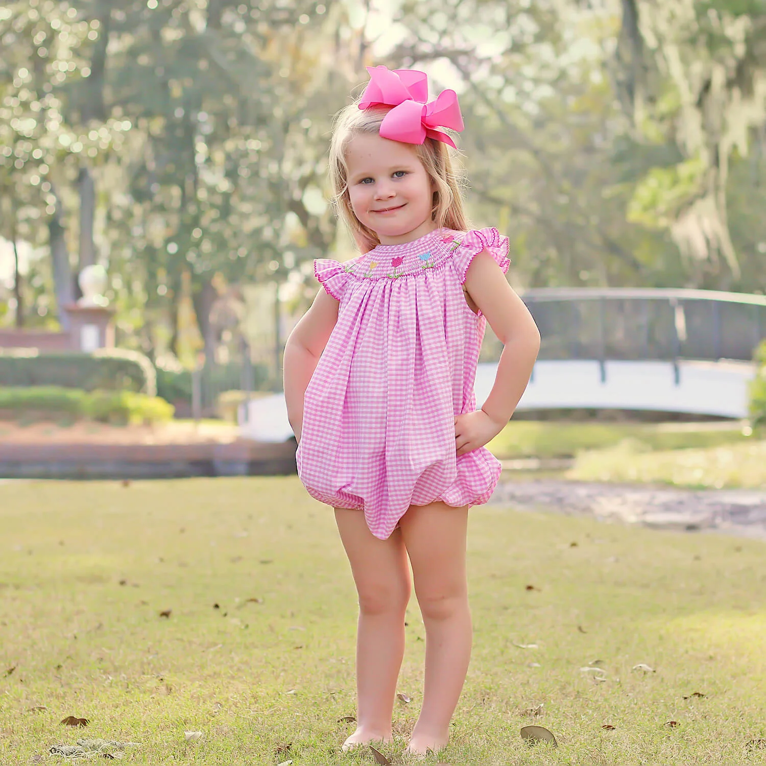 Tulip Season Pink Gingham Smocked Bubble - Image 5