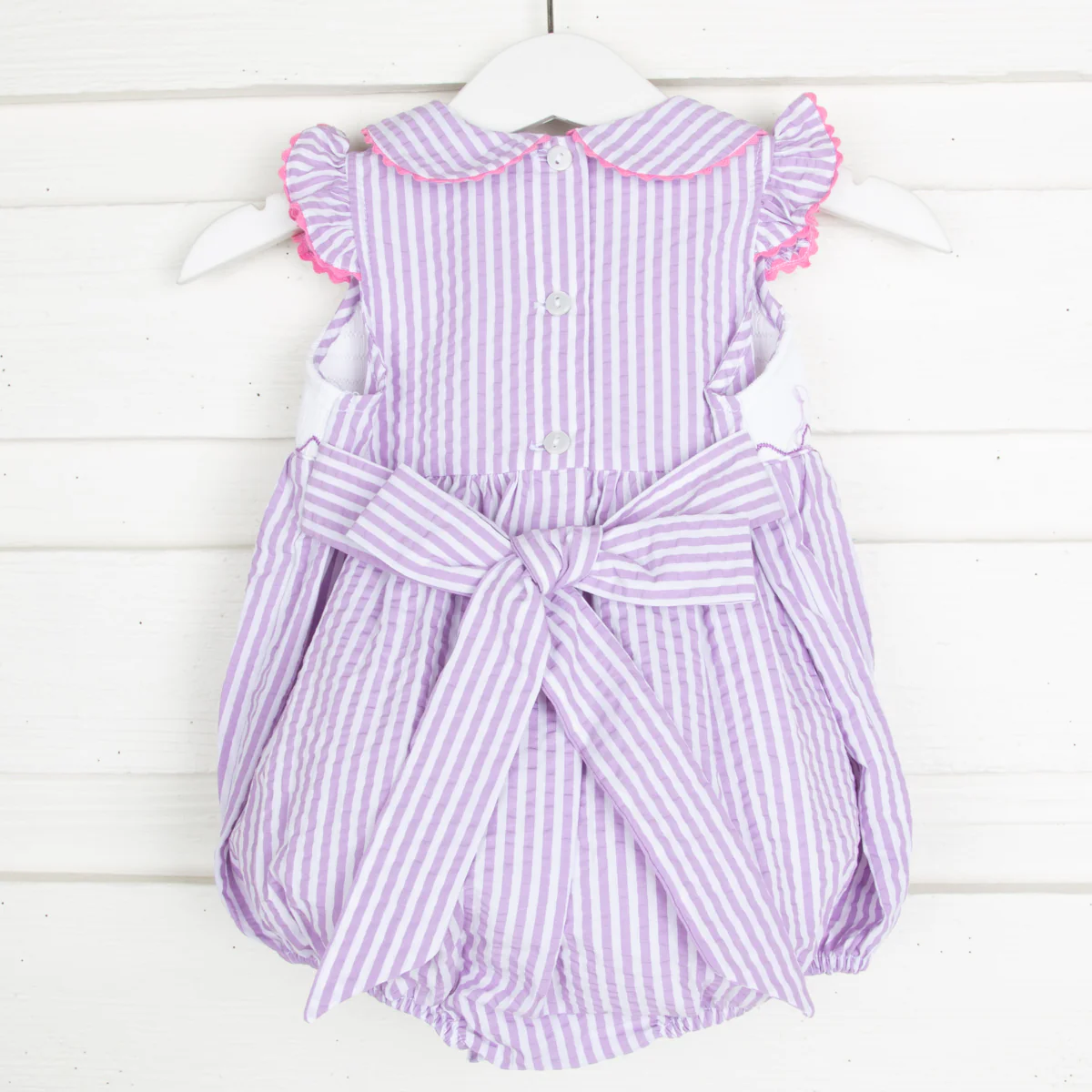 Tulips Collared Smocked Bubble Lavender Stripe Seersucker - Image 2