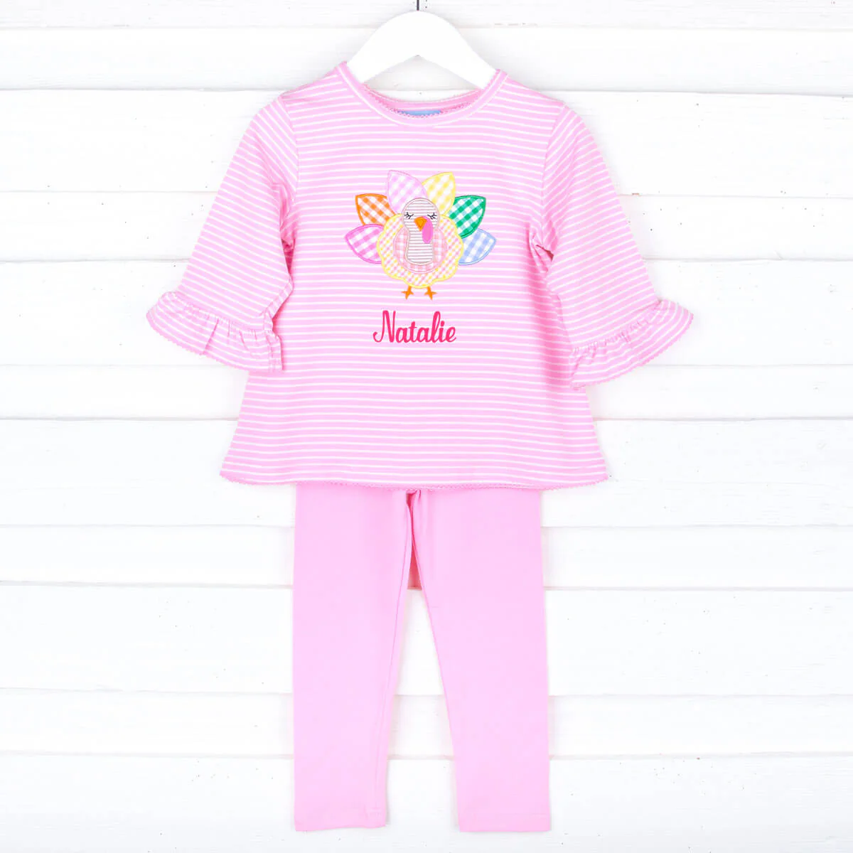 Turkey Applique Pink Stripe Milly Legging Set - Image 2