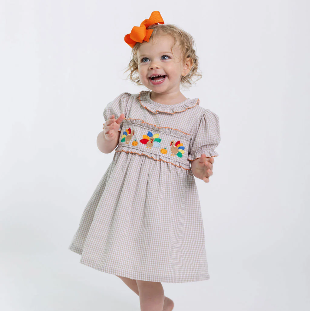 Turkey Embroidered Tan Gingham Collared Dress - Image 2