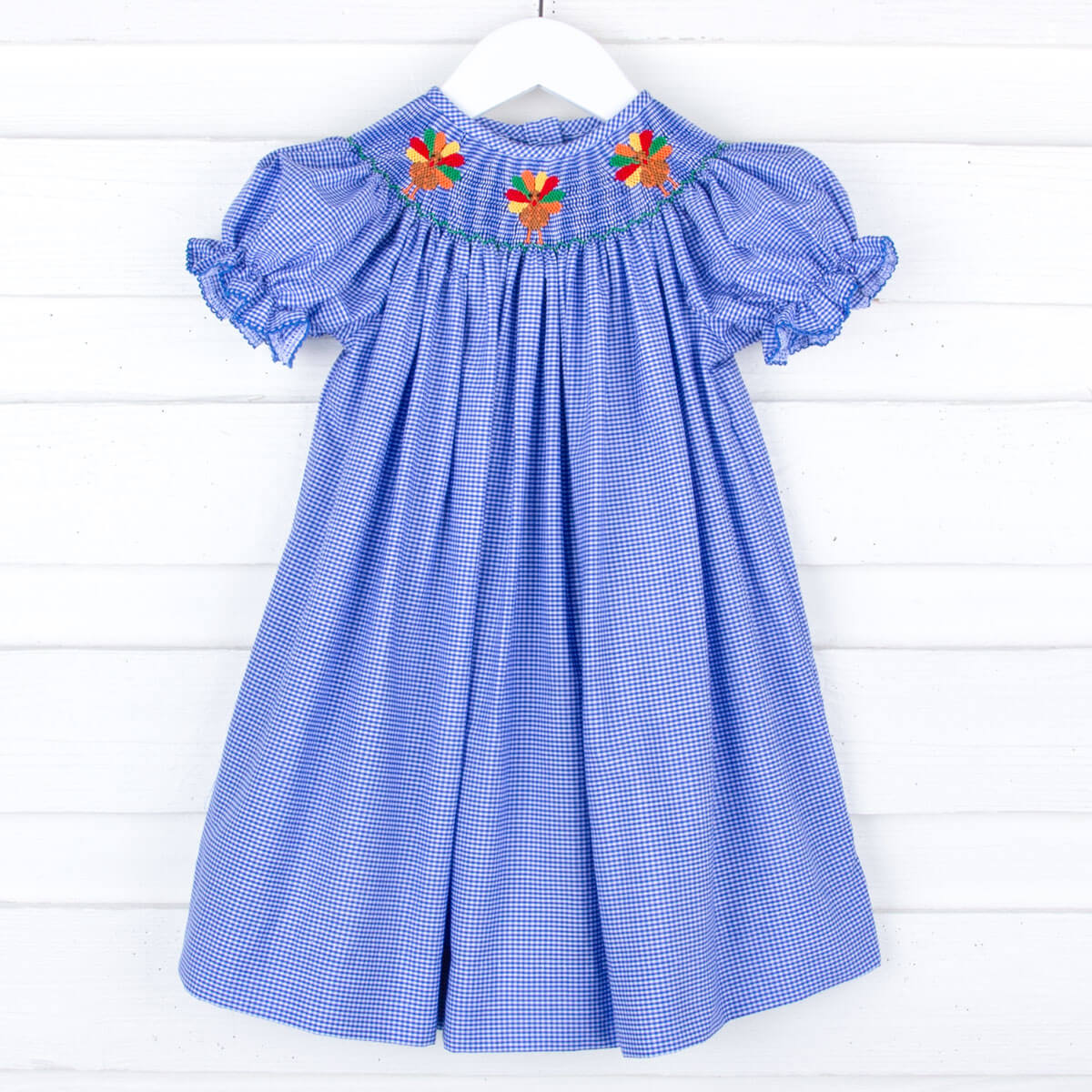 Turkey Smocked Royal Blue Gingham Bishop Dress - Image 2
