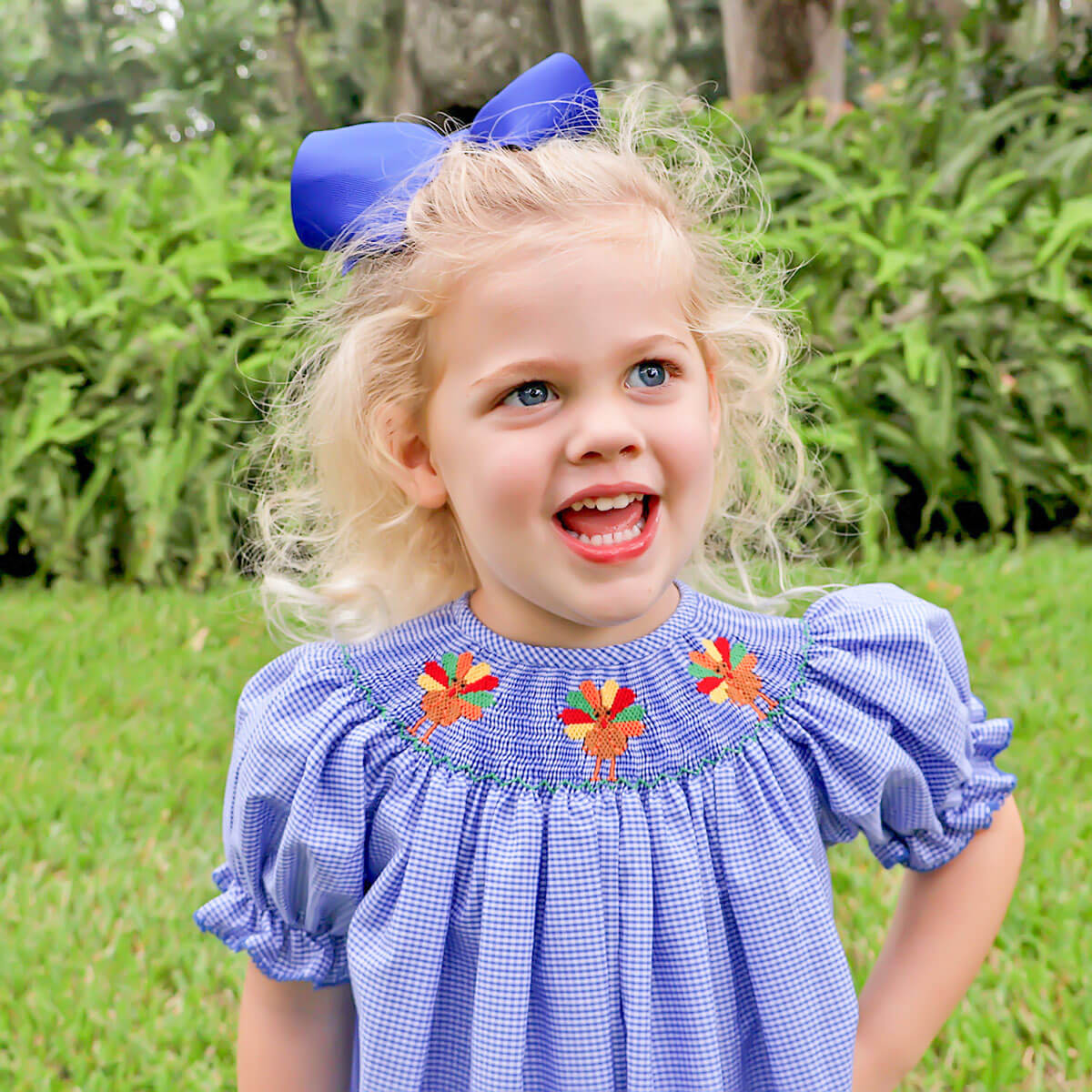 Turkey Smocked Royal Blue Gingham Bishop Dress - Image 3