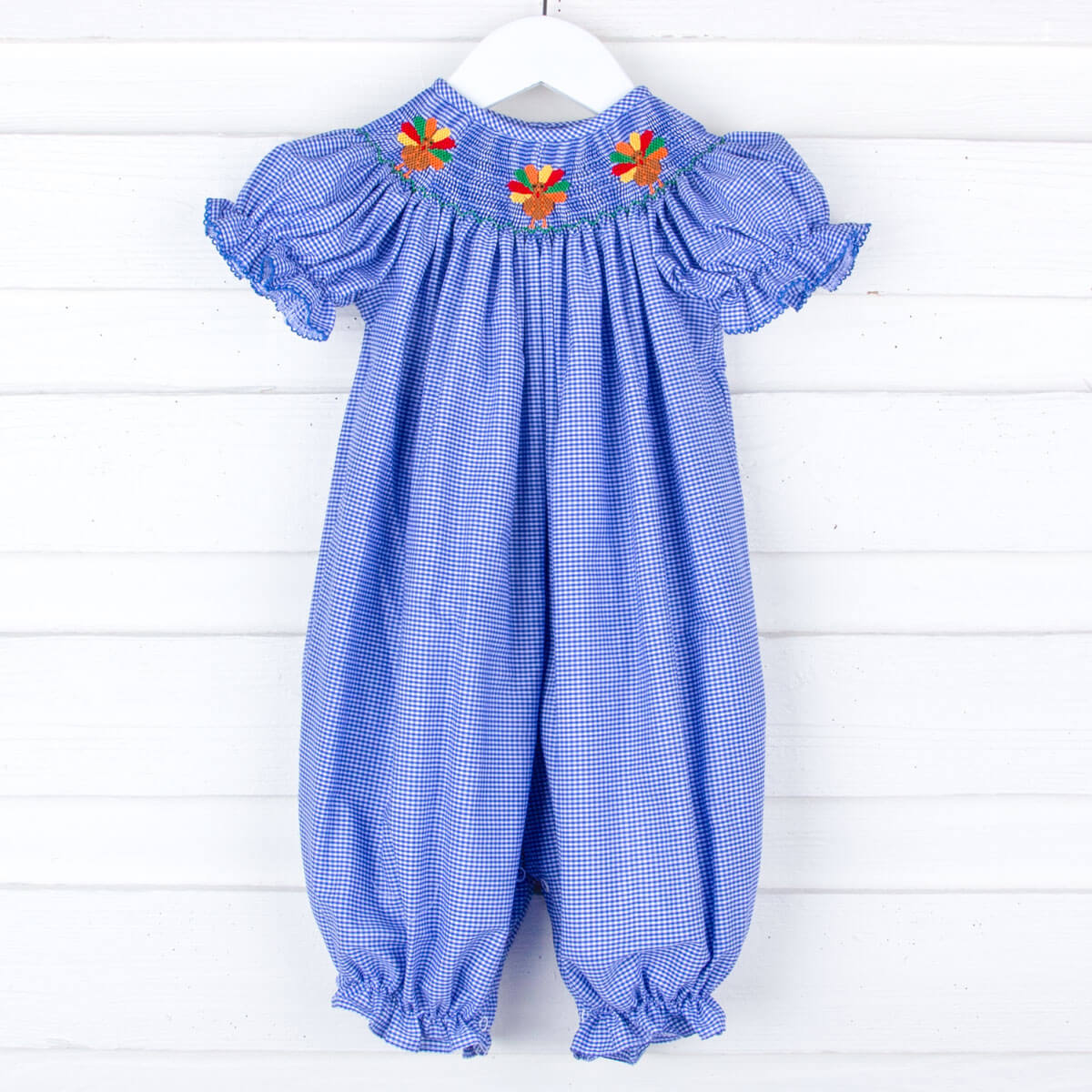 Turkey Smocked Royal Blue Gingham Long Bubble - Image 2