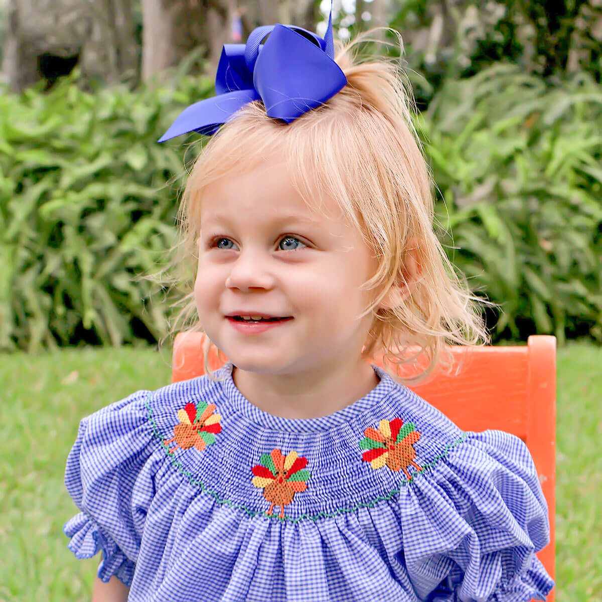 Turkey Smocked Royal Blue Gingham Long Bubble - Image 3
