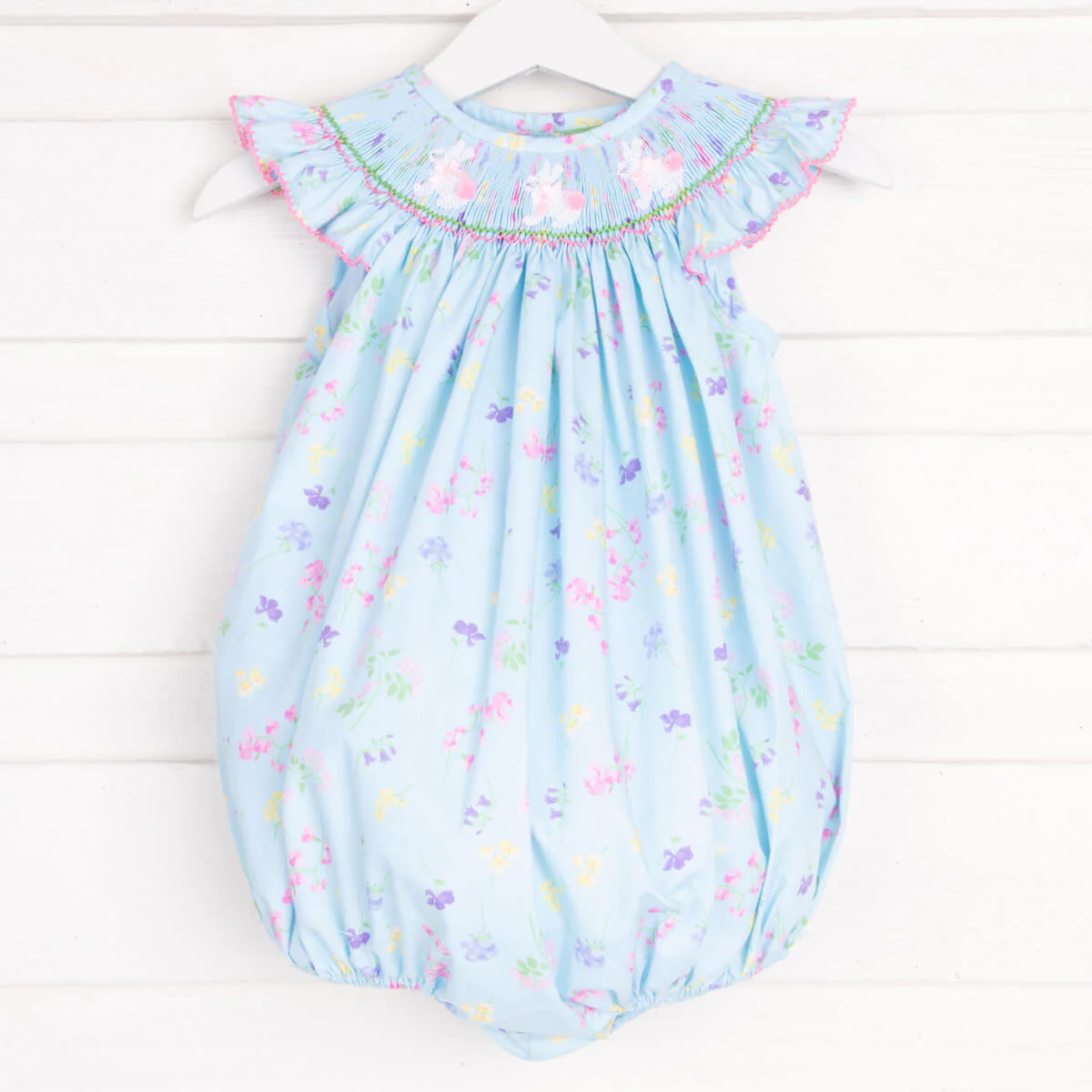 Turquoise Floral Bunny Smocked Bubble - Image 2