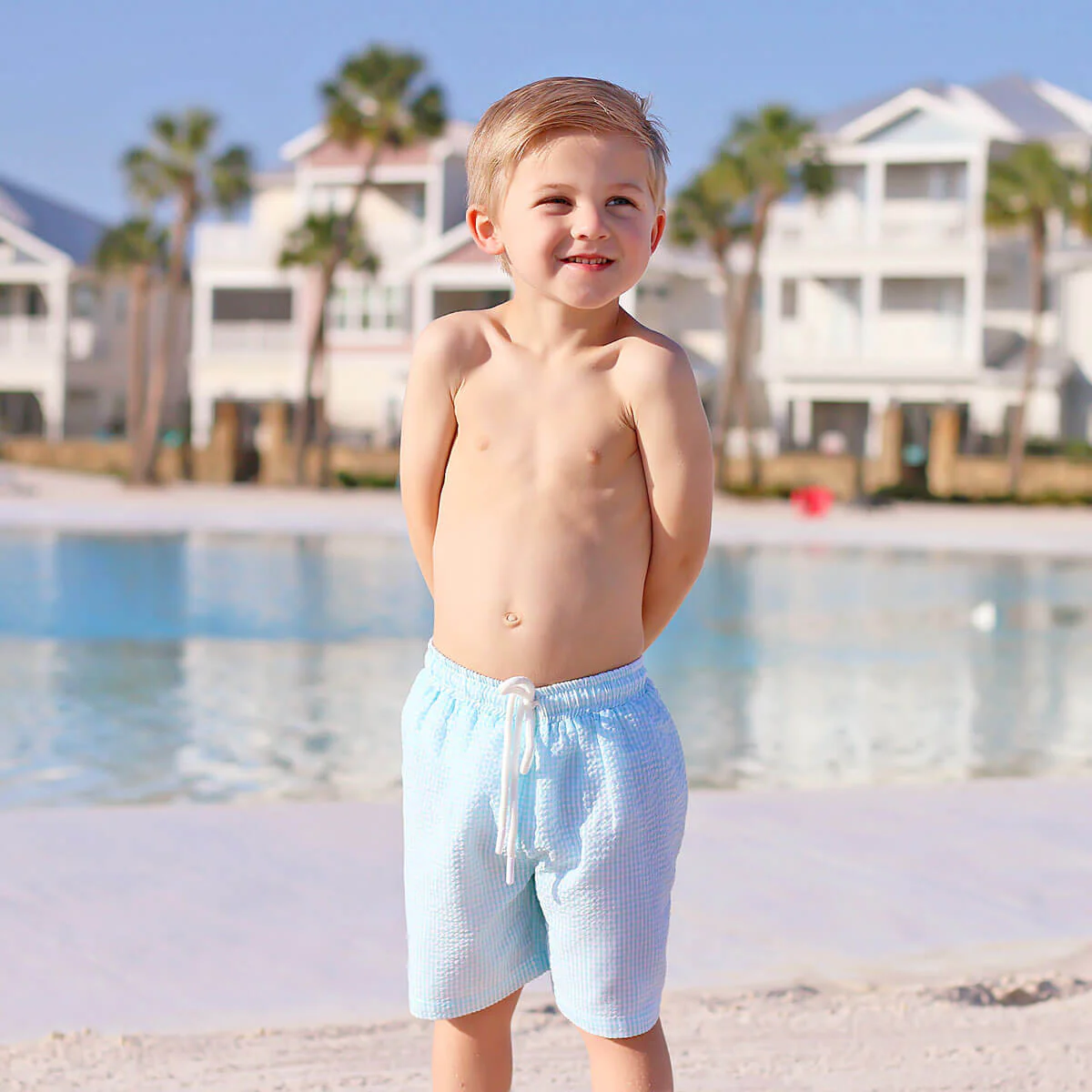 Sea Island Turquoise Gingham Swim Trunks - Image 3