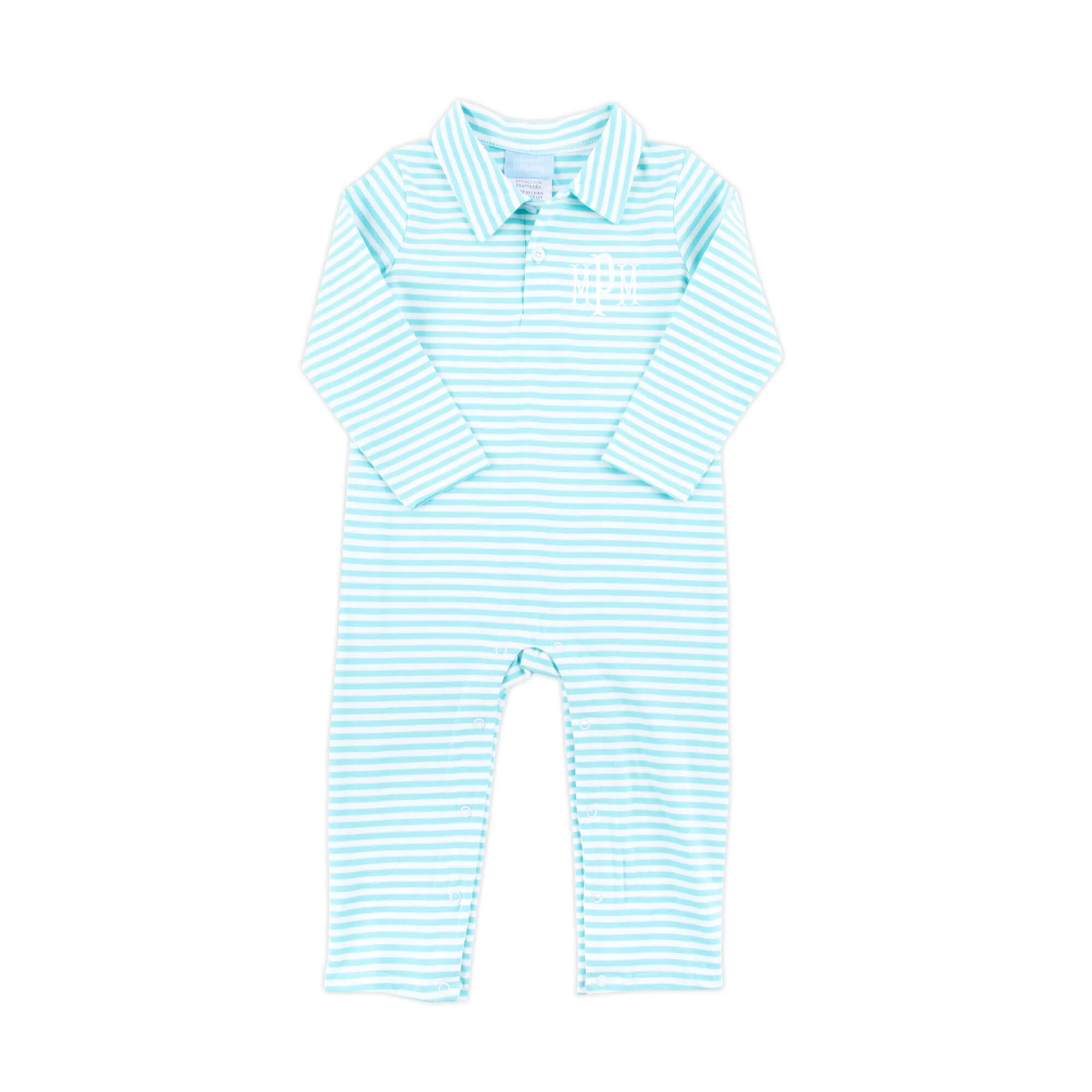 Turquoise Stripe Long Sleeve Polo Romper - Image 2