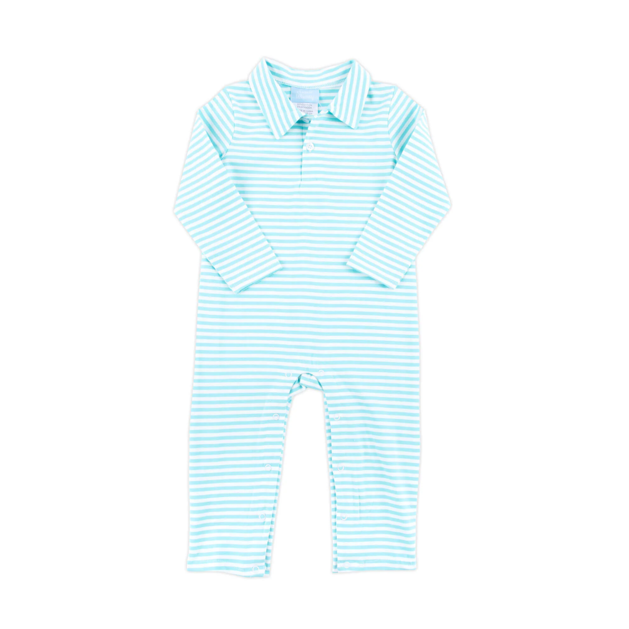 Turquoise Stripe Long Sleeve Polo Romper - Image 4