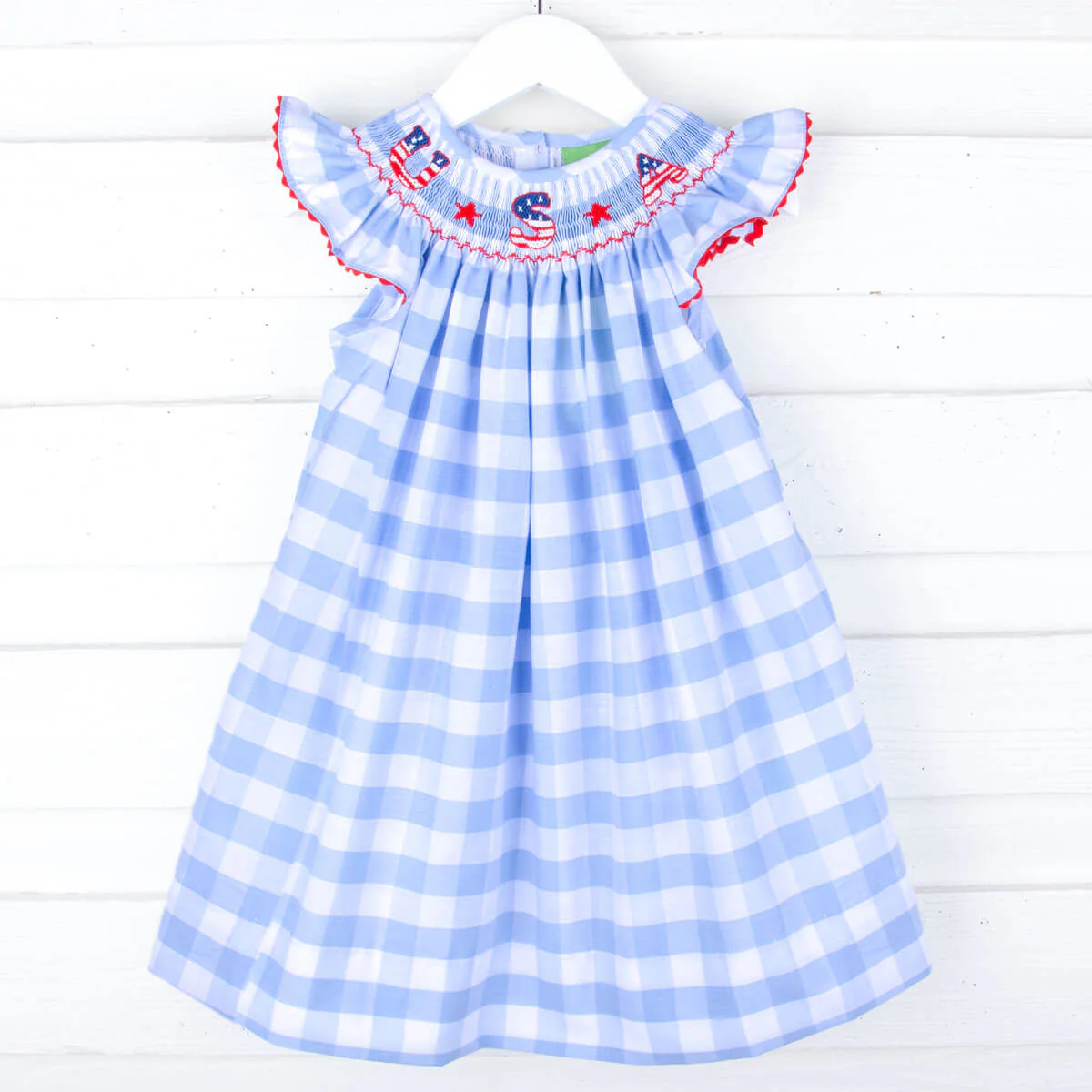 USA Smocked Blue Check Angel Sleeve Dress - Image 2