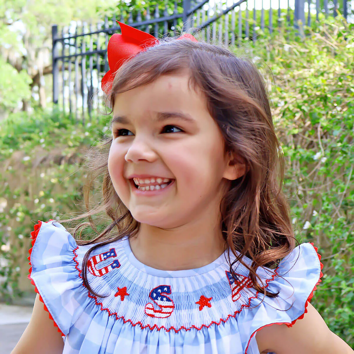 USA Smocked Blue Check Angel Sleeve Dress - Image 3