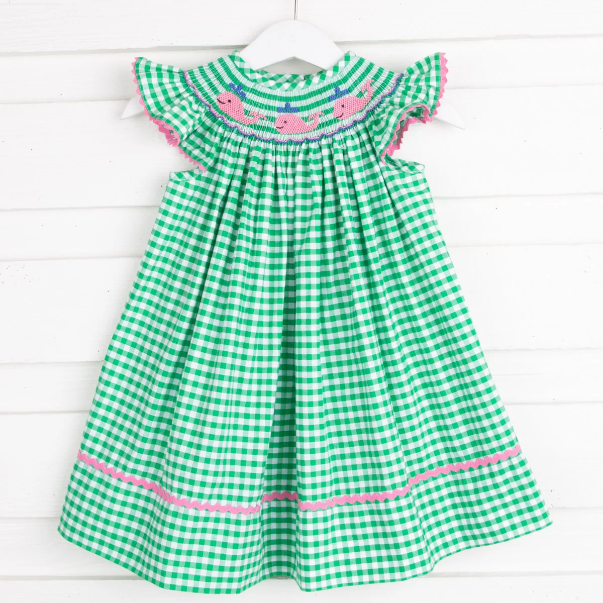 Whale Smocked Dress Green Check - Image 2