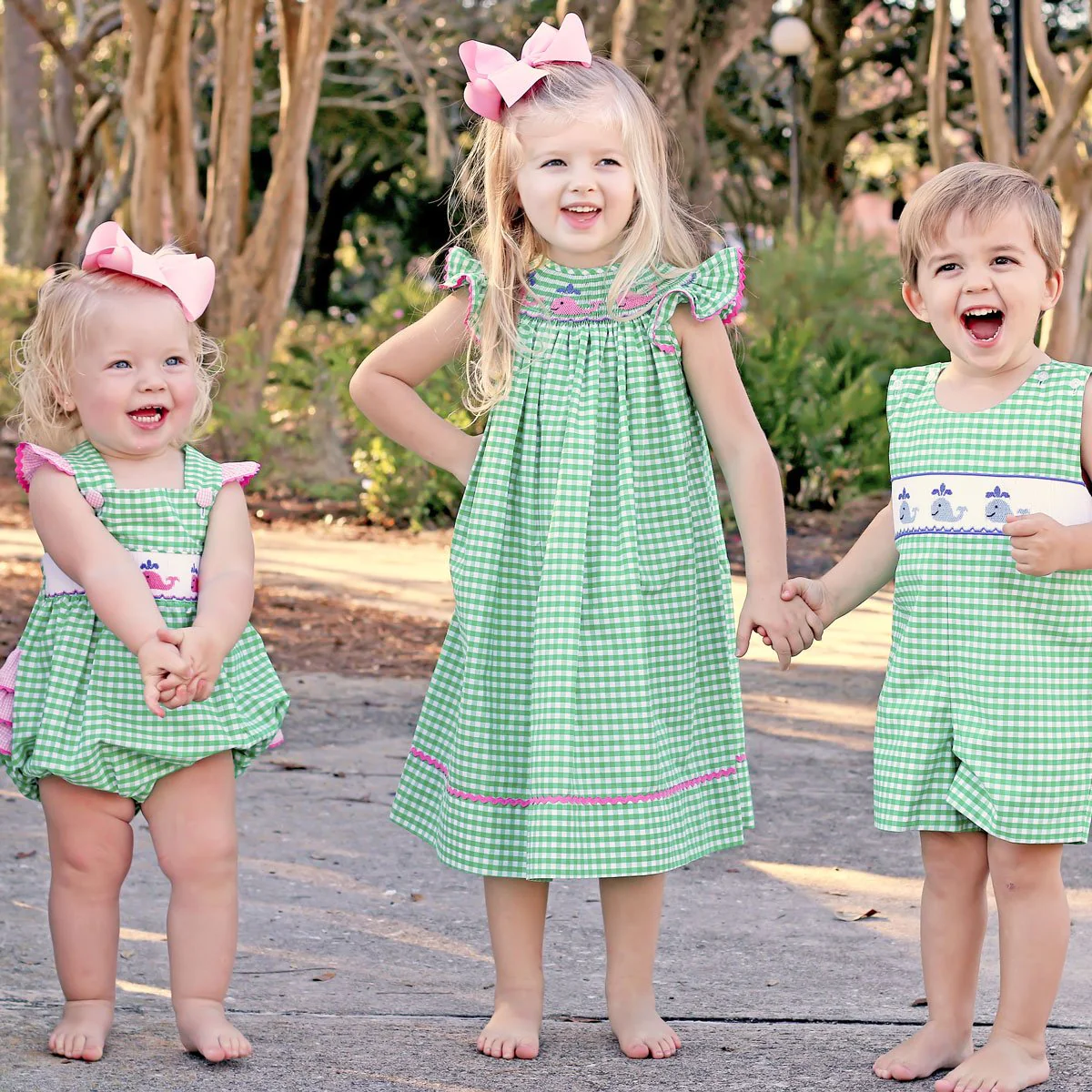Whale Smocked Dress Green Check - Image 3