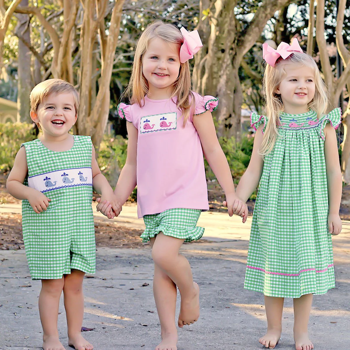 Whale Smocked Dress Green Check - Image 5