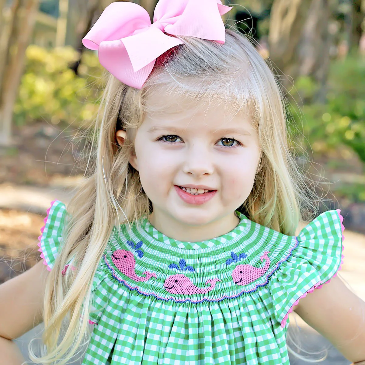 Whale Smocked Dress Green Check - Image 6
