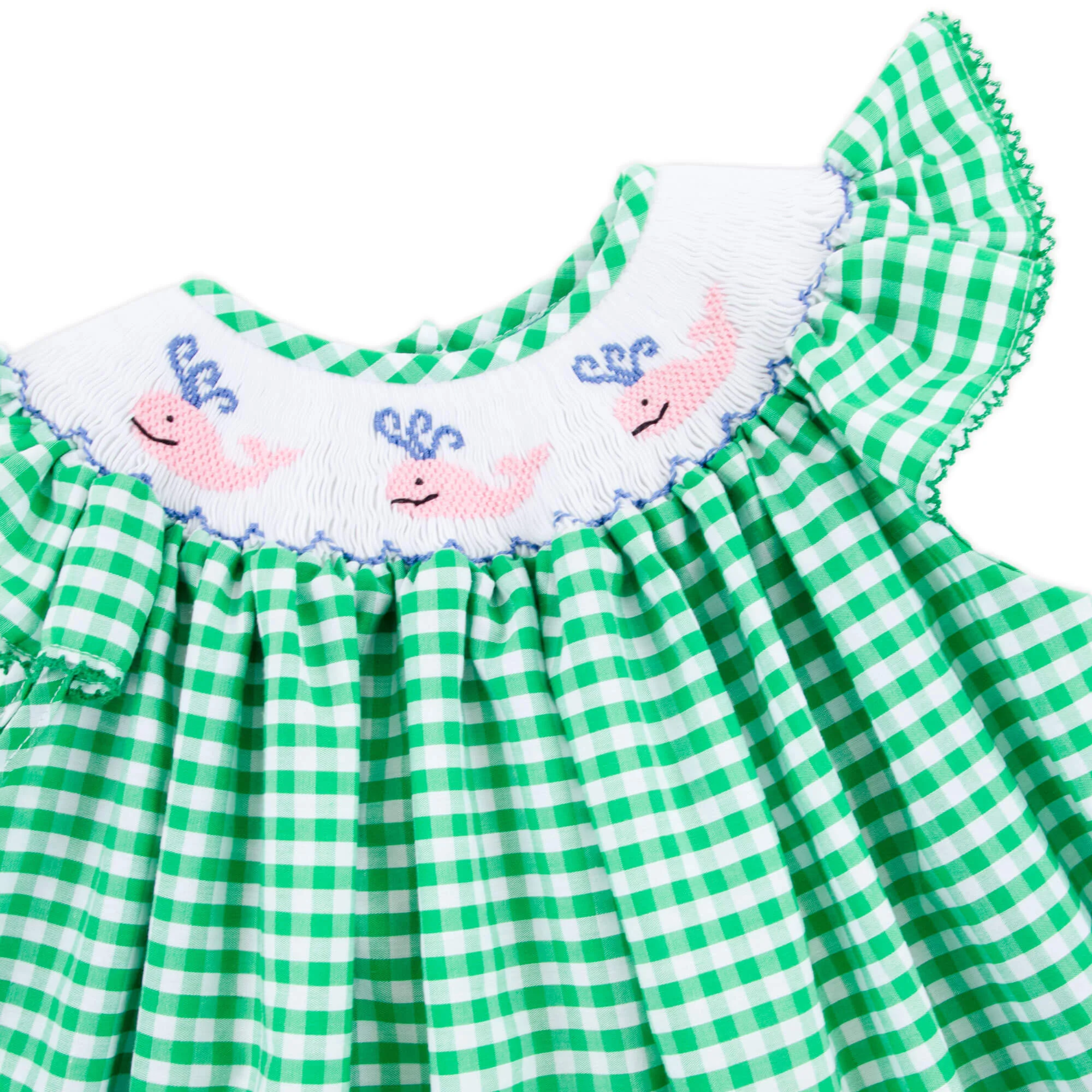 Whale Smocked Green Gingham Angel Sleeve Dress - Image 2