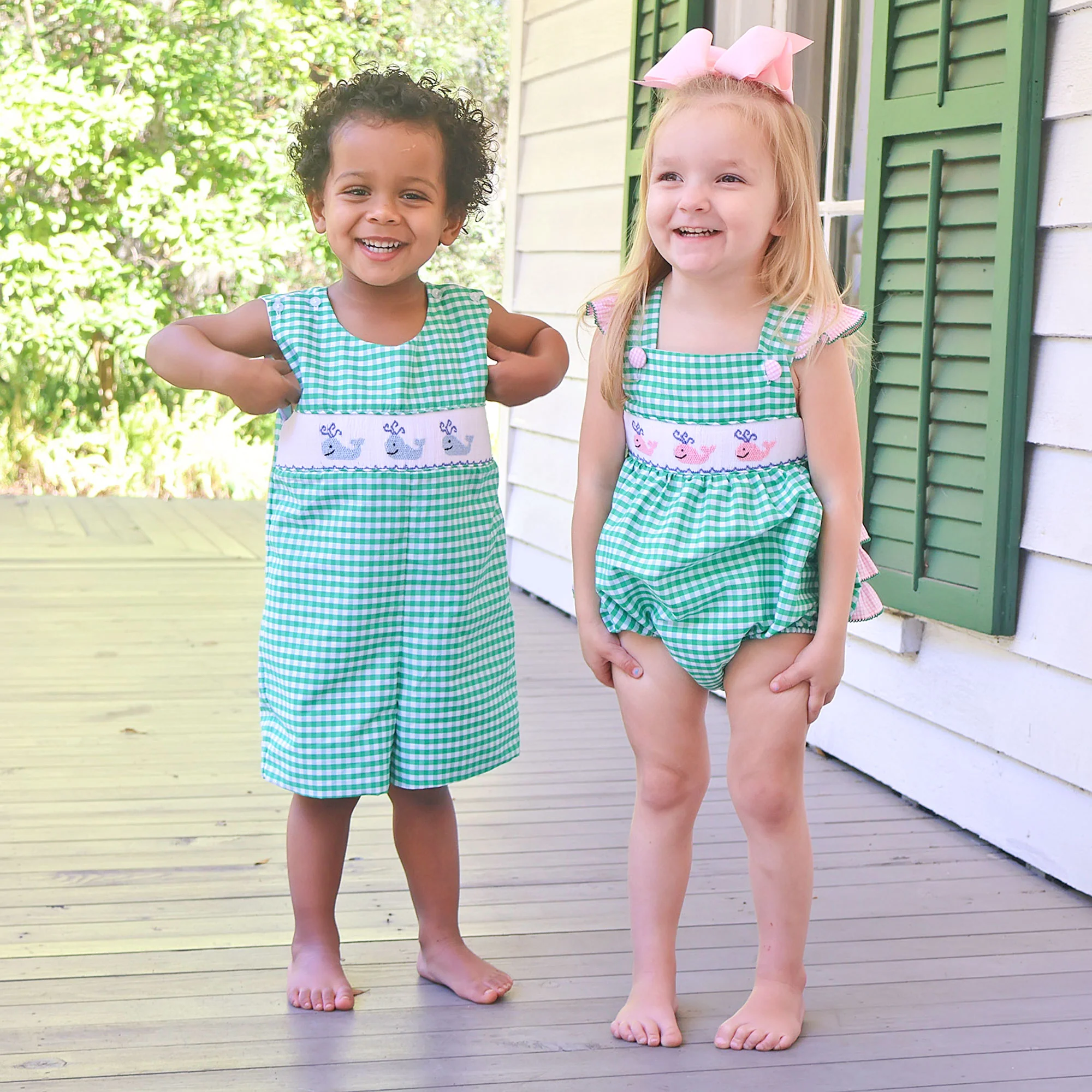 Whale Smocked Green Gingham Jon Jon - Image 3