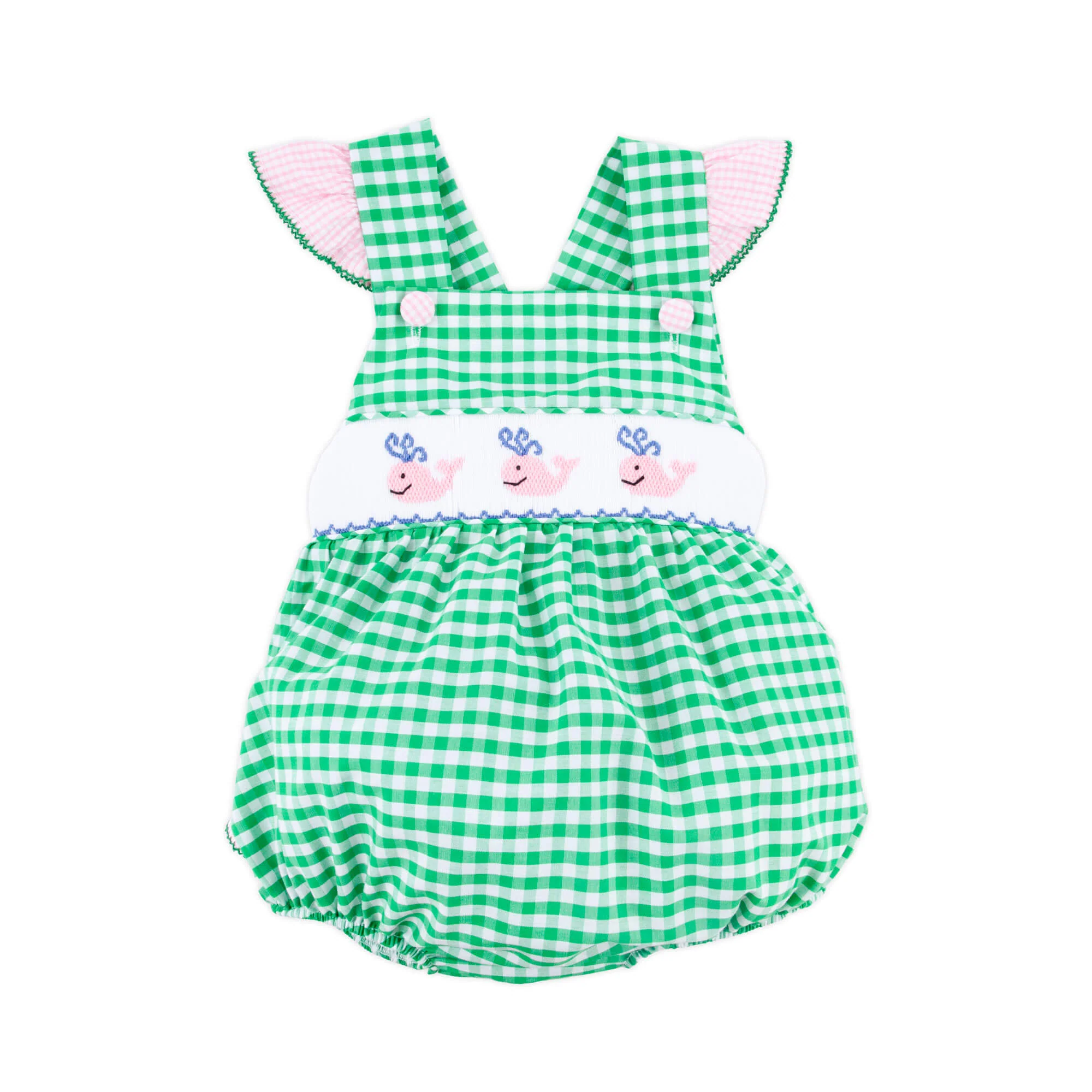Whale Smocked Green Gingham Leah Bubble - Image 2
