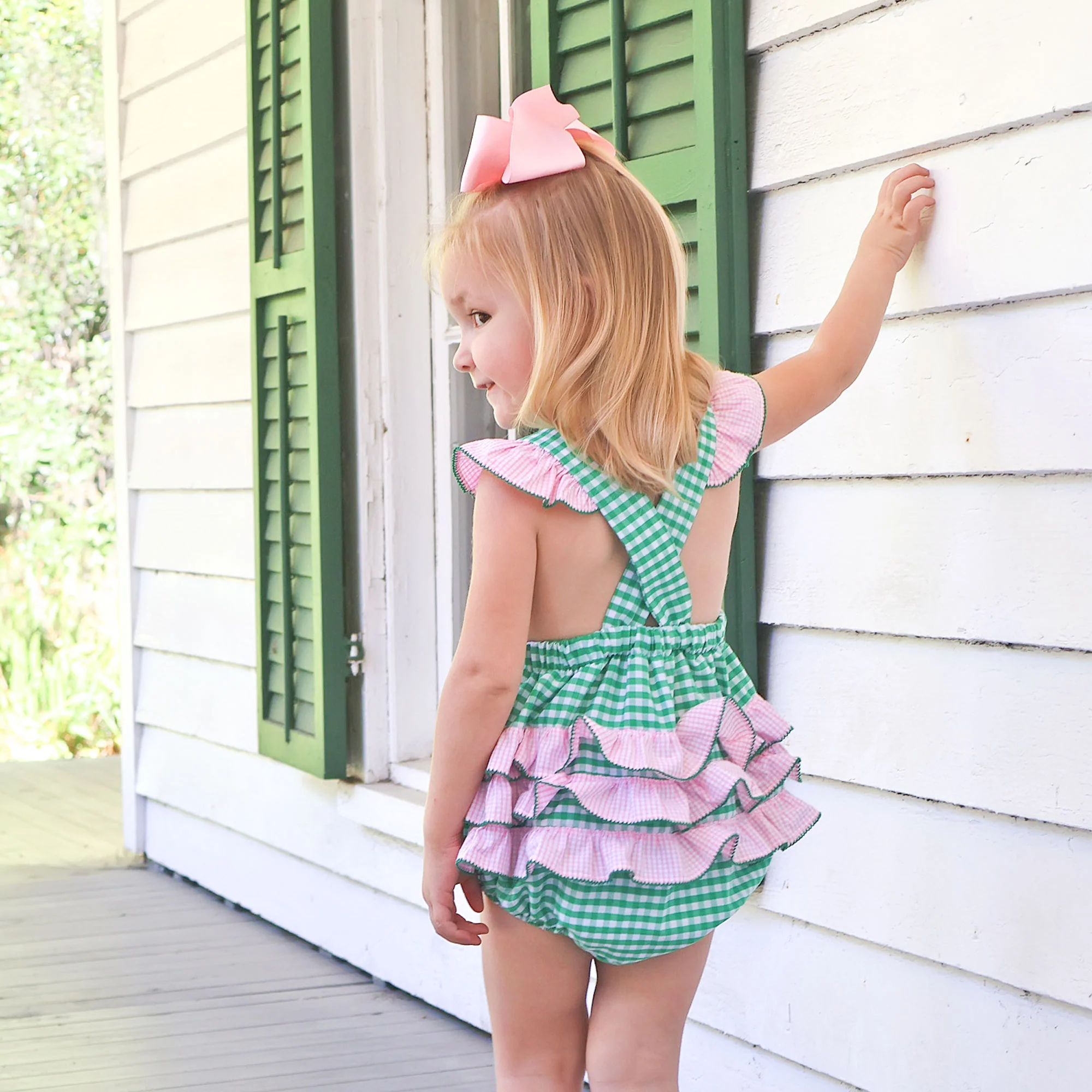 Whale Smocked Green Gingham Leah Bubble - Image 3
