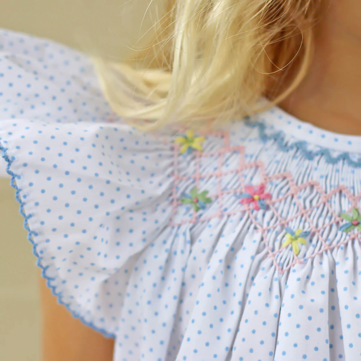 Wild Flowers Smocked Light Blue Polka Dot Bubble - Image 2