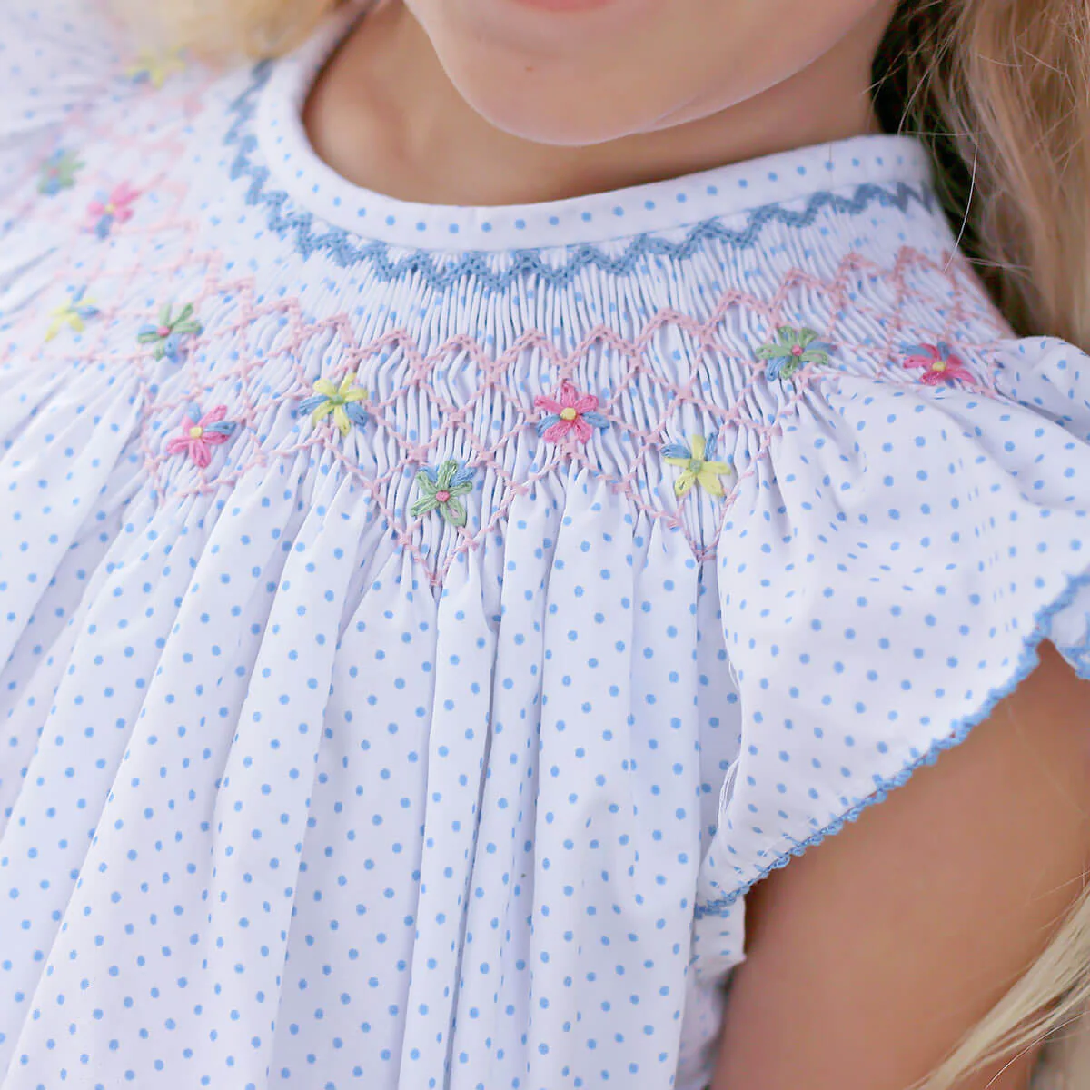 Wild Flowers Smocked Light Blue Polka Dot Dress - Image 2