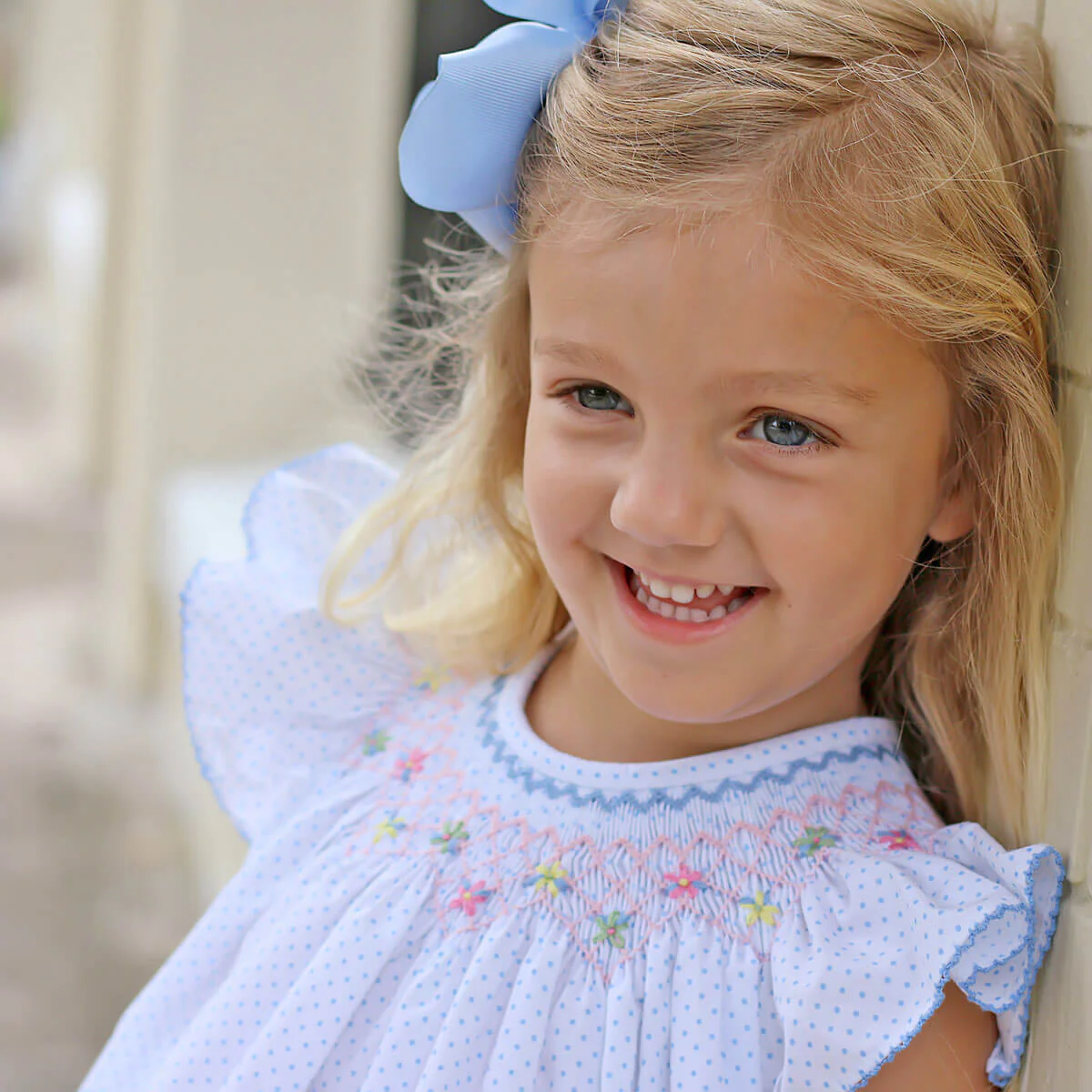 Wild Flowers Smocked Light Blue Polka Dot Dress - Image 5