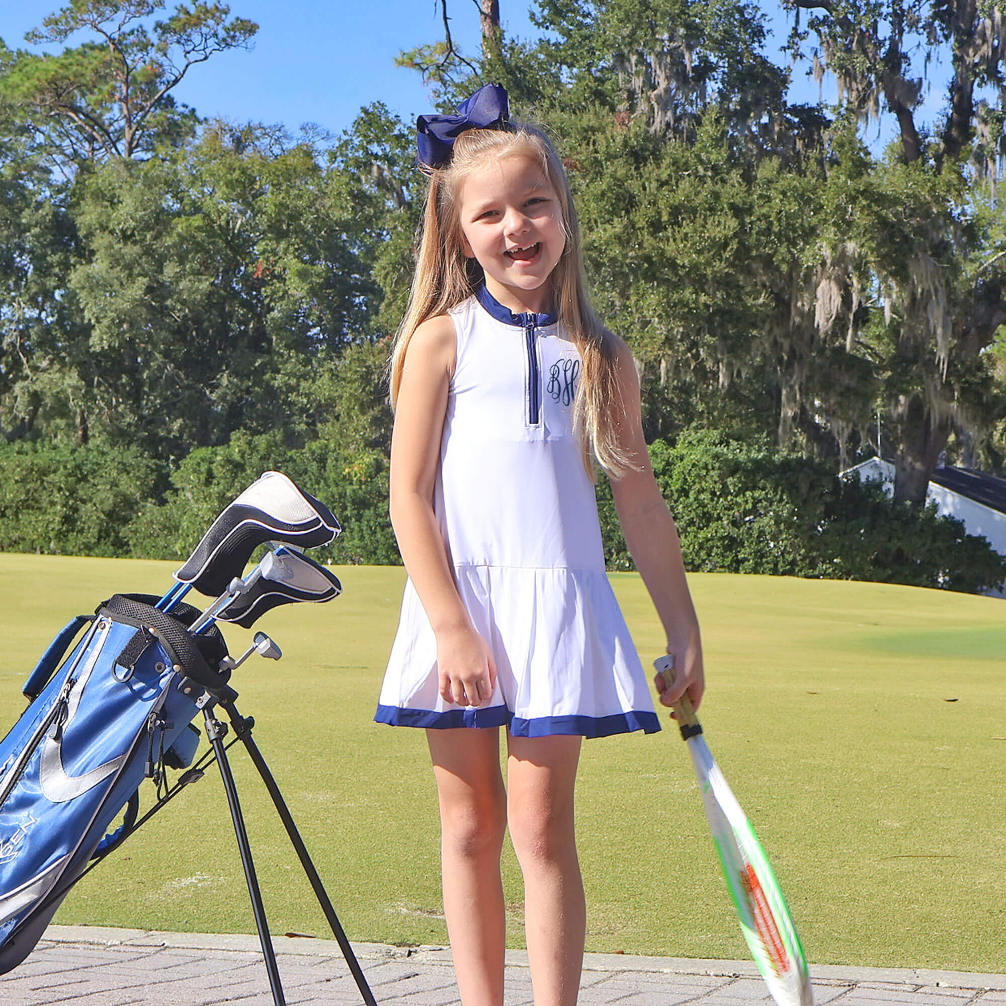 White & Navy Zip Tennis Dress - Image 2