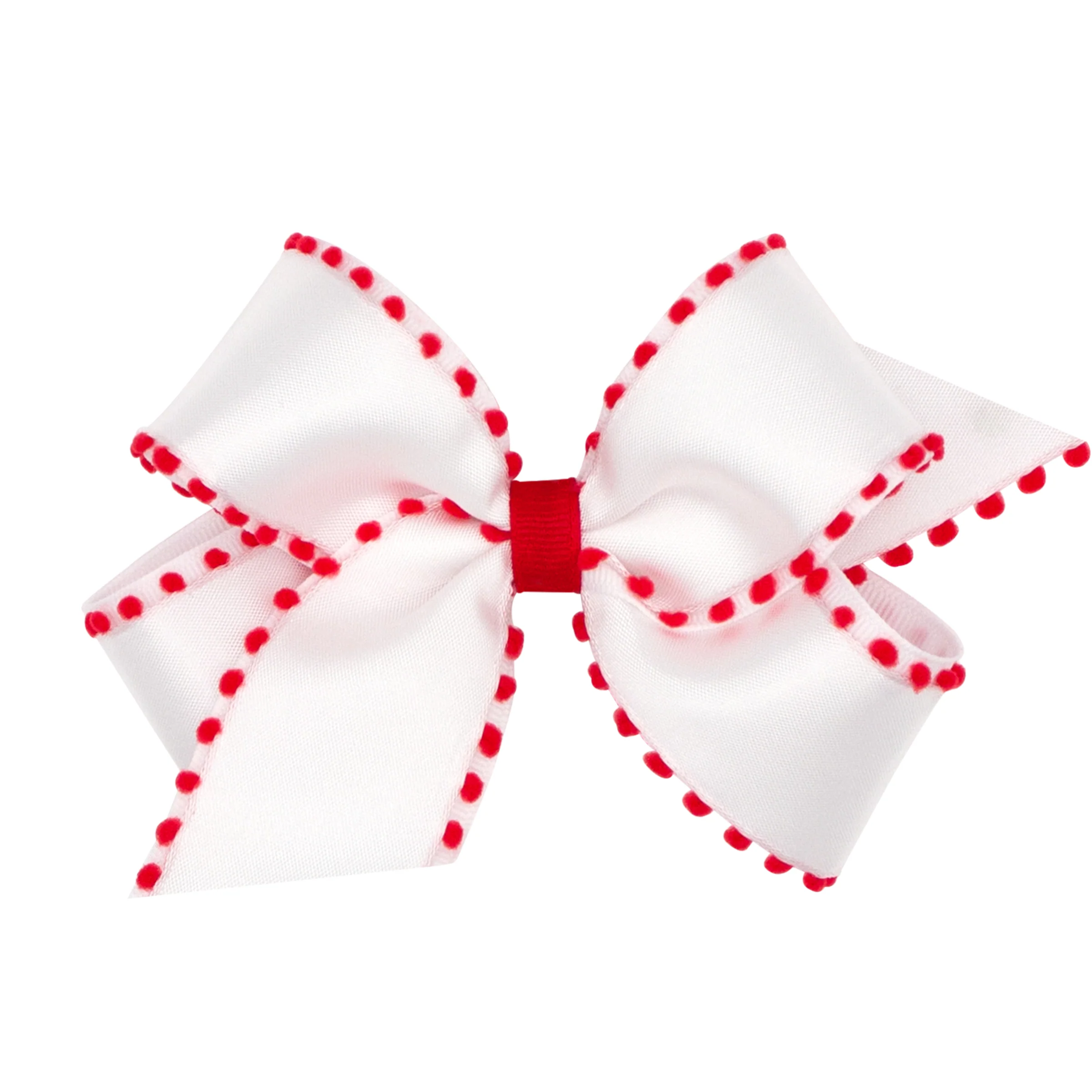 White & Red Pom Pom Grosgrain Bow - Image 2