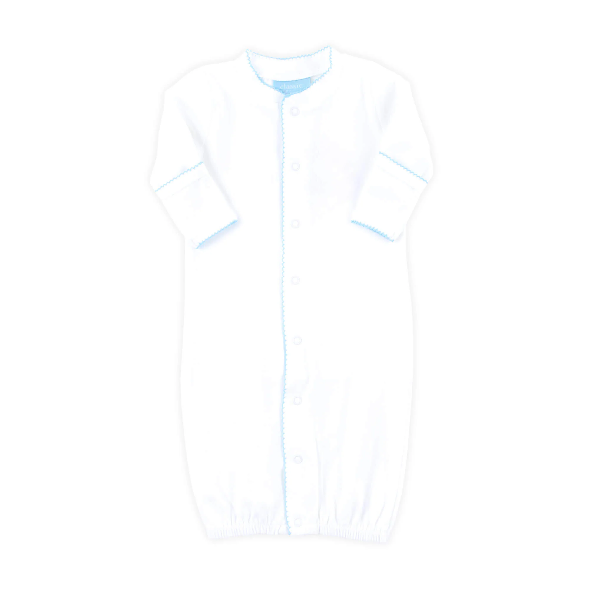 White Layette Gown with Blue Trim - Image 2