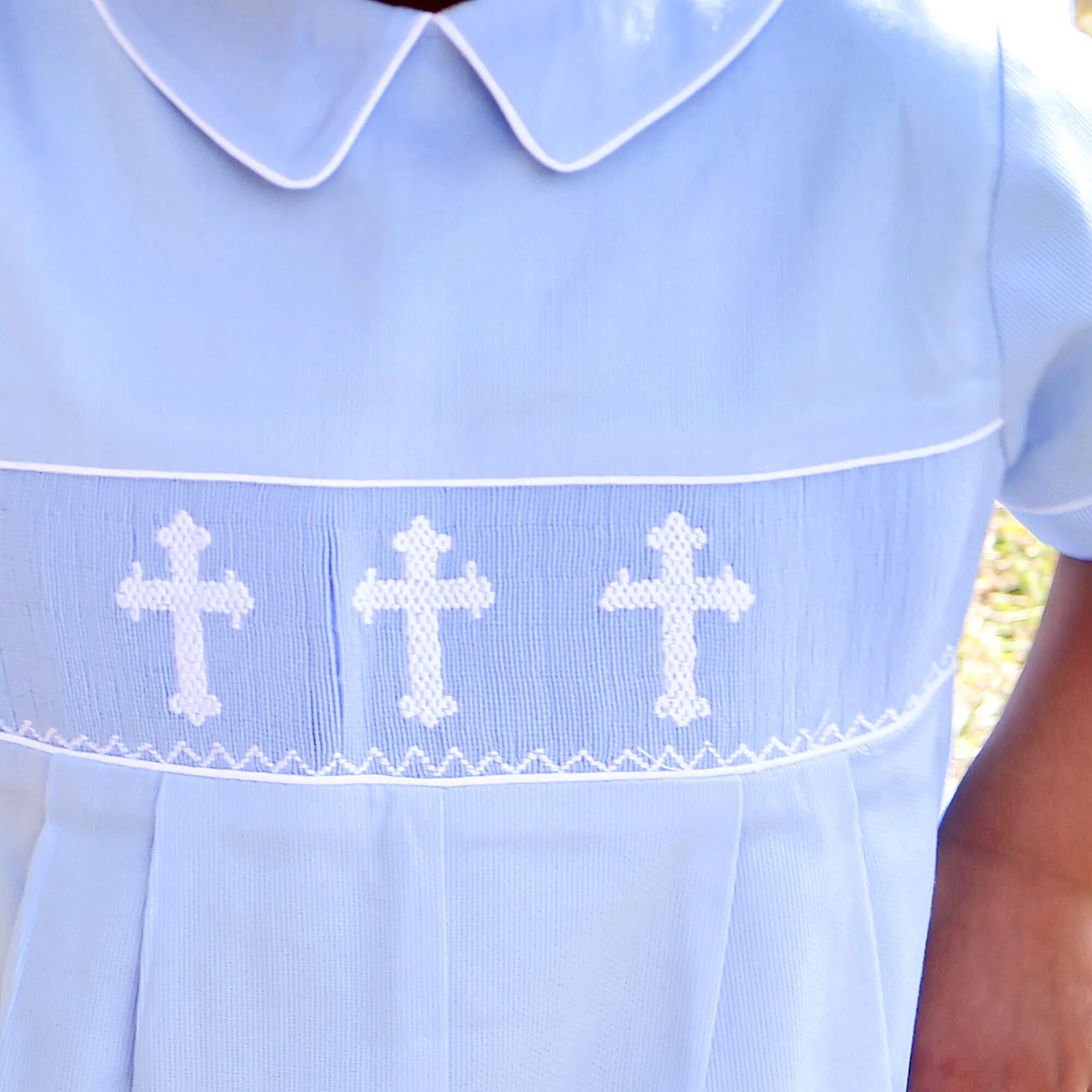 Cross Smocked Light Blue Pique Collared Romper - Image 2
