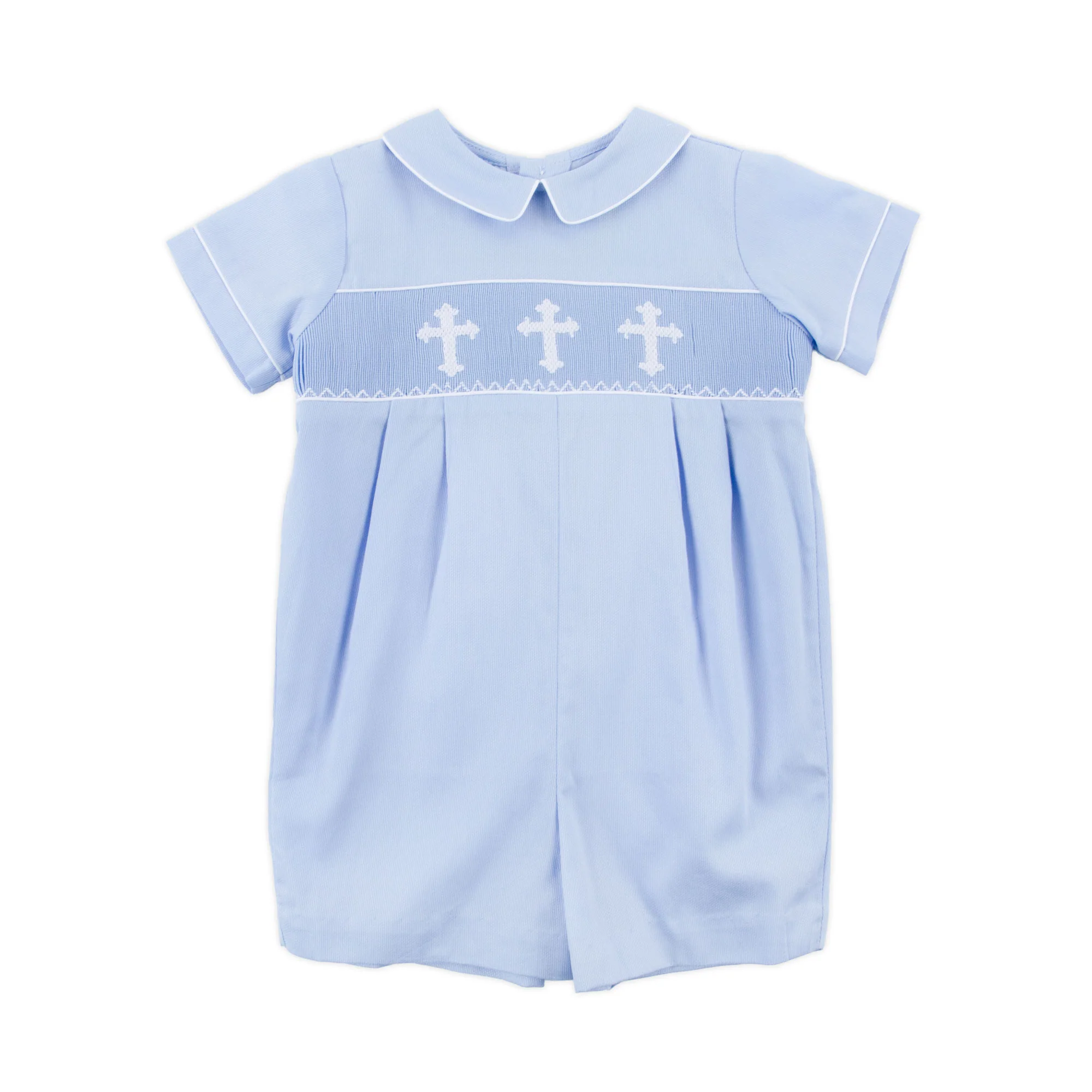 Cross Smocked Light Blue Pique Collared Romper - Image 3