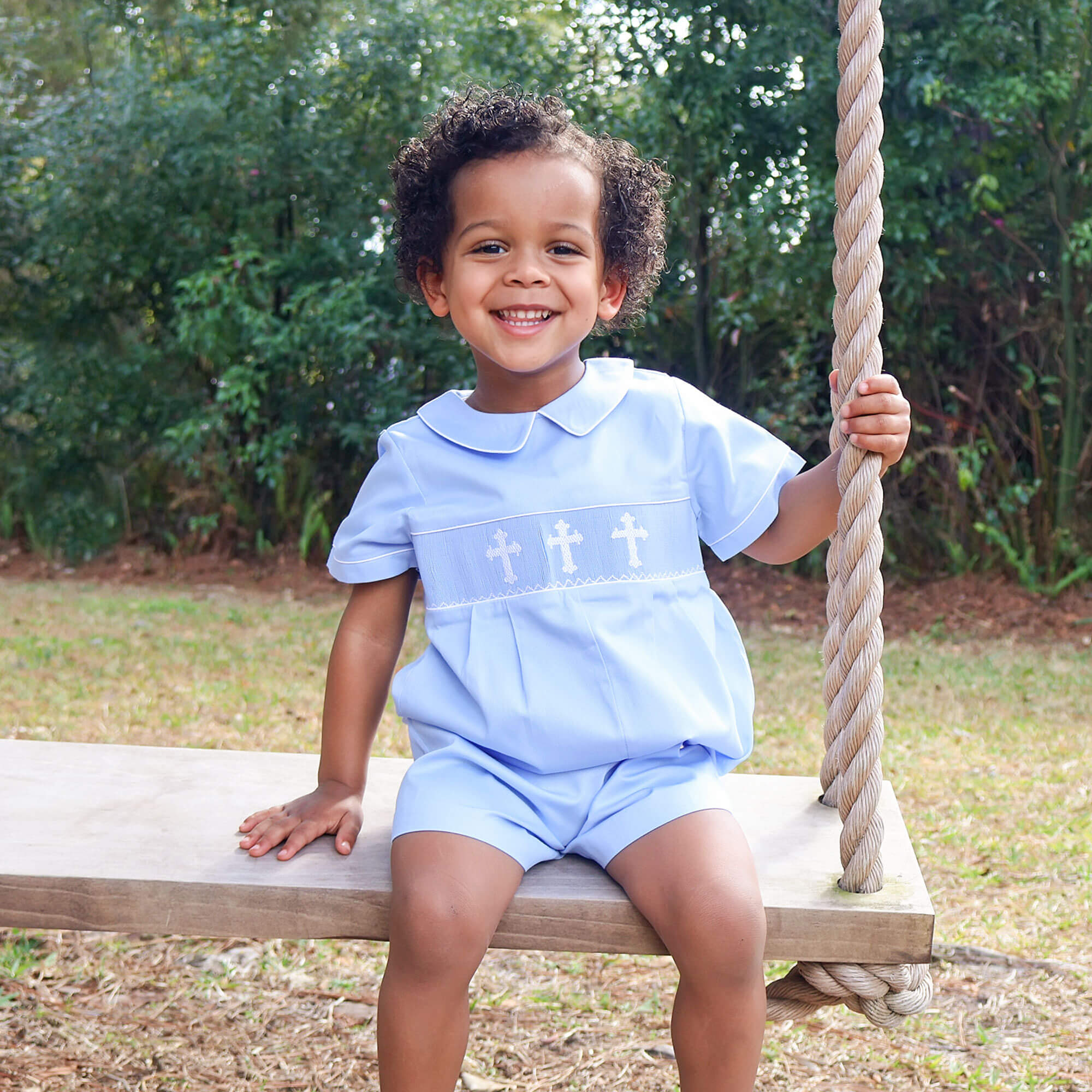 Cross Smocked Light Blue Pique Collared Romper - Image 4