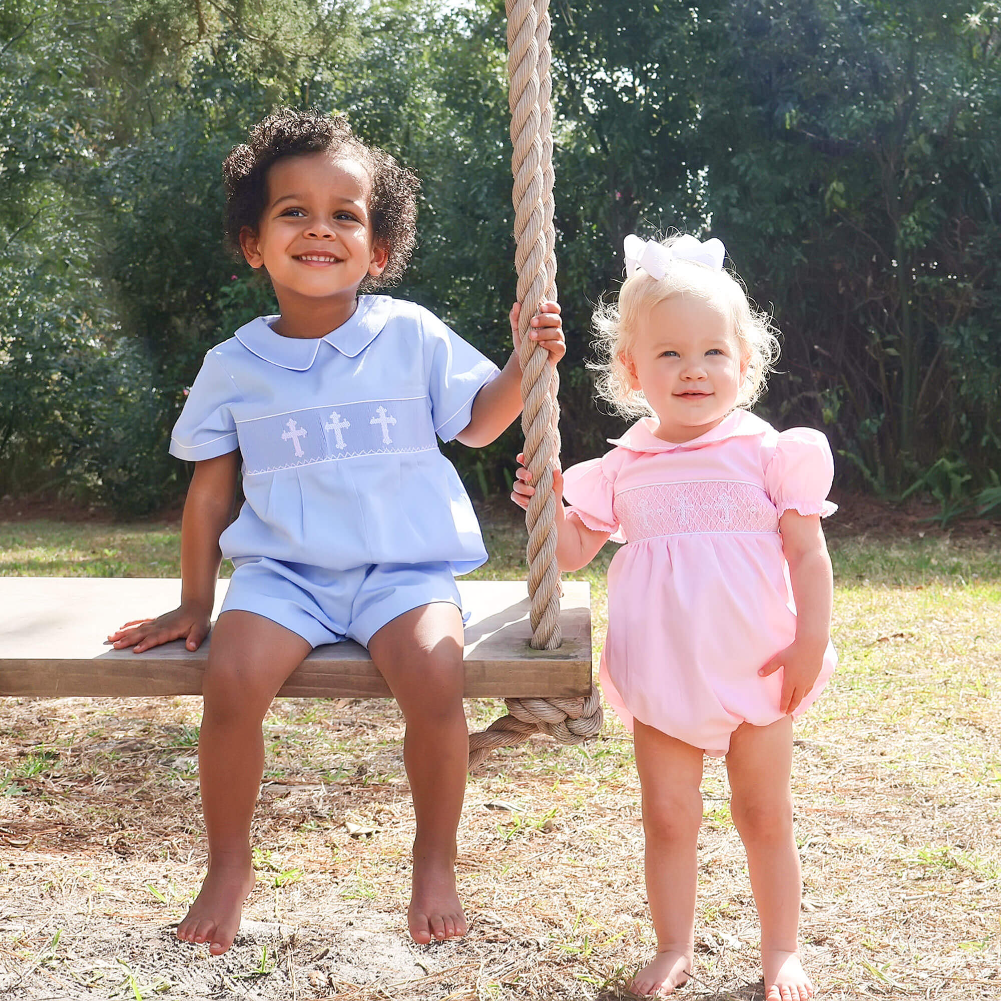 Cross Smocked Light Blue Pique Collared Romper - Image 5