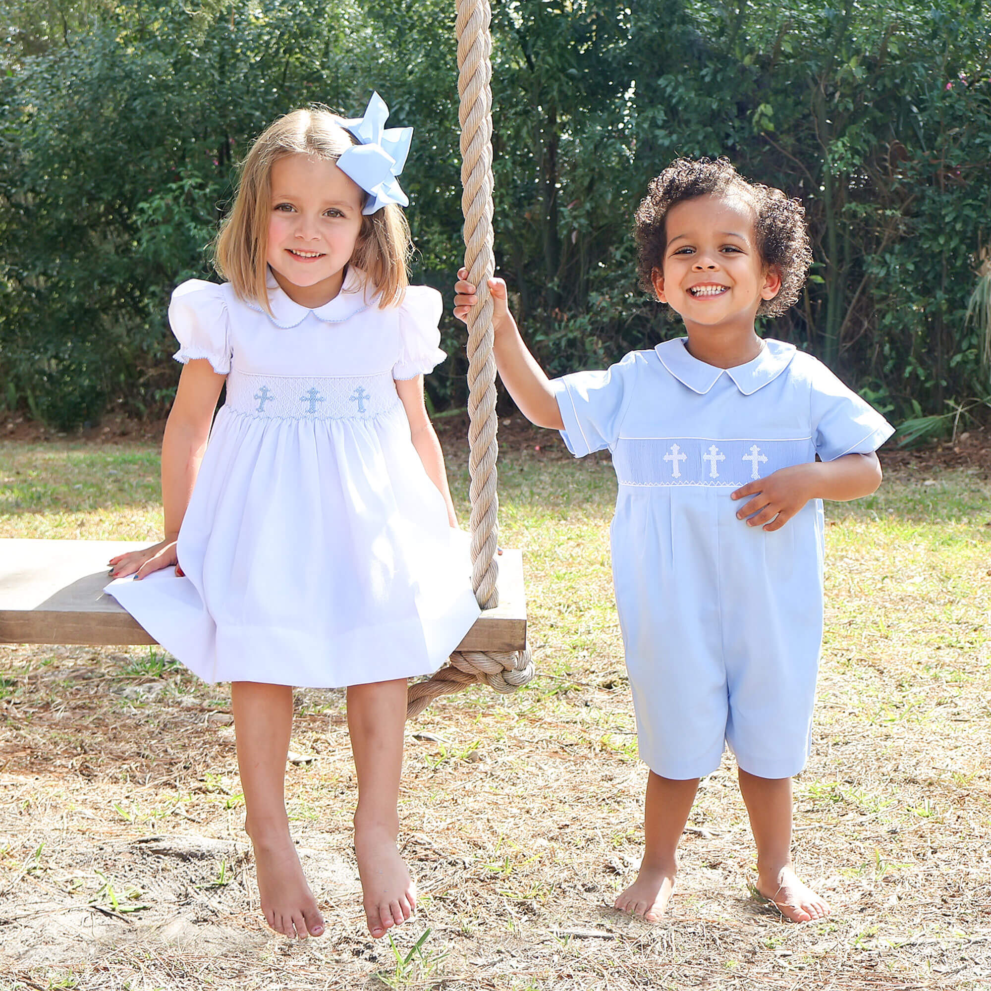 Cross Smocked Light Blue Pique Collared Romper - Image 6