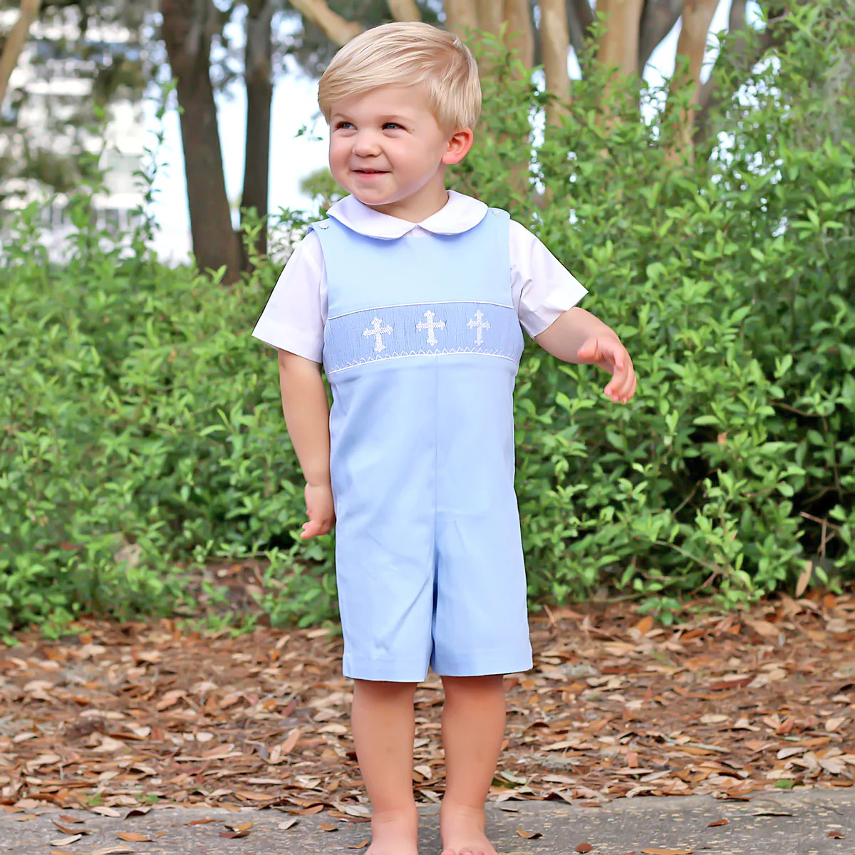 Cross Smocked Light Blue Pique Jon Jon - Image 3