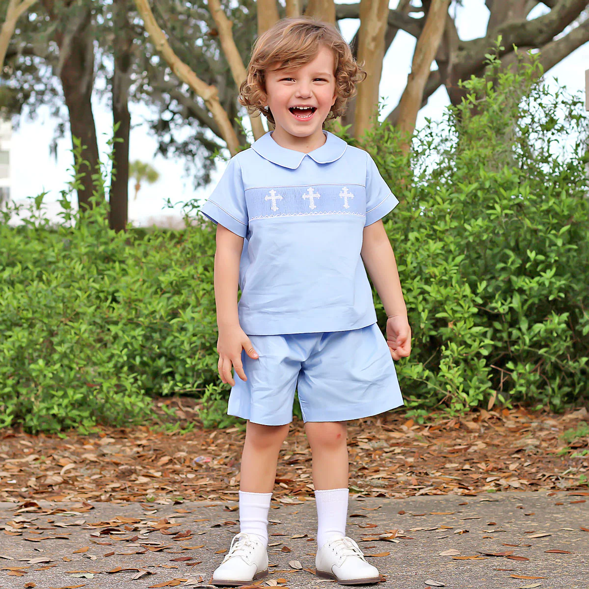 Cross Smocked Light Blue Pique Short Set - Image 3