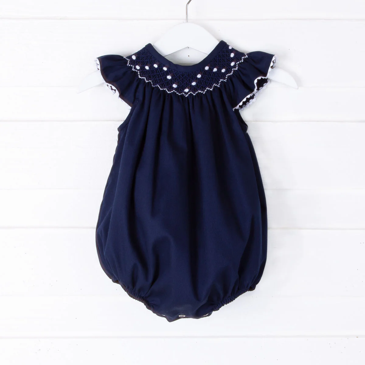 White Geometric Vine Smocked Bubble Navy Pique - Image 2