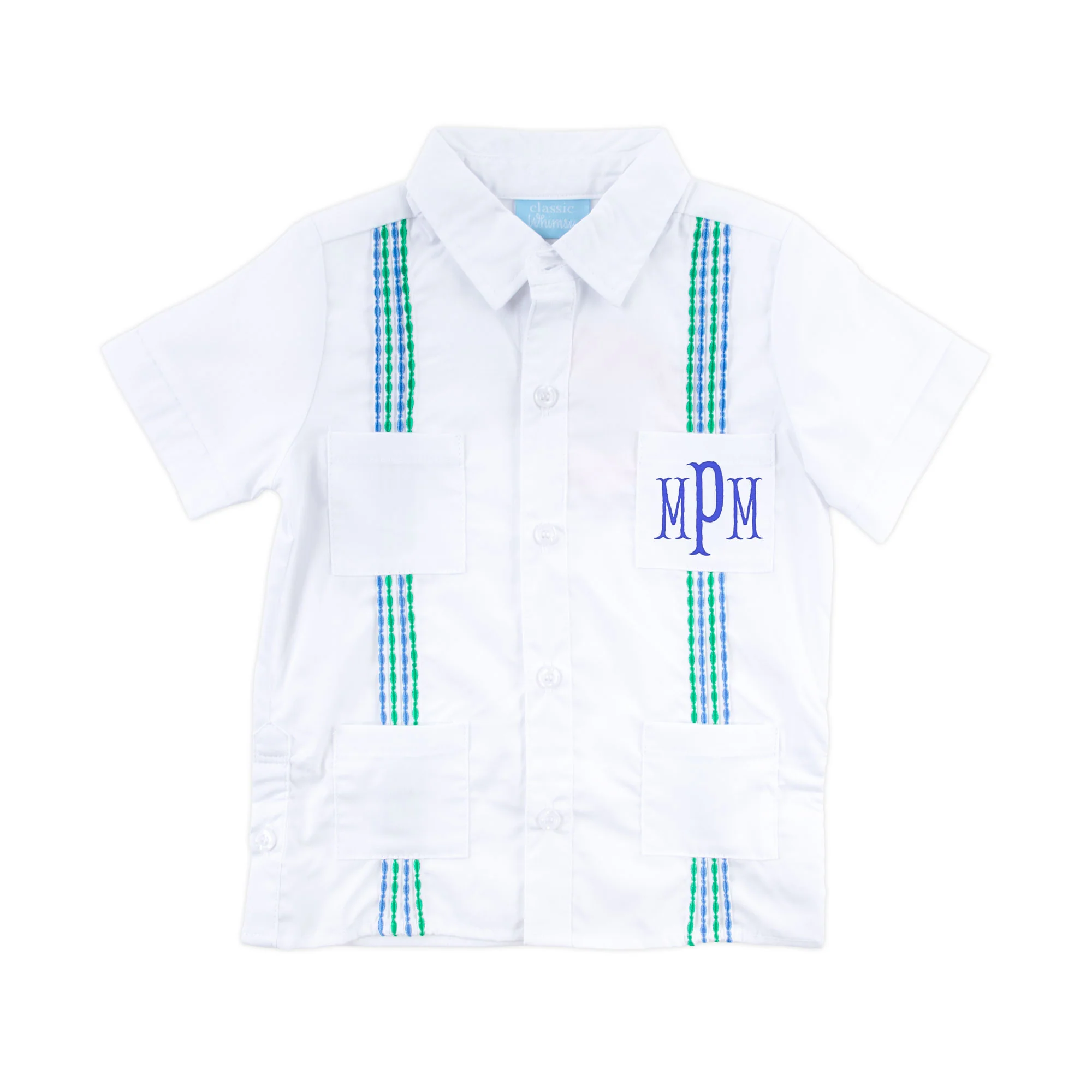 White with Blue & Green Embroidered Guayabera Shirt - Image 2