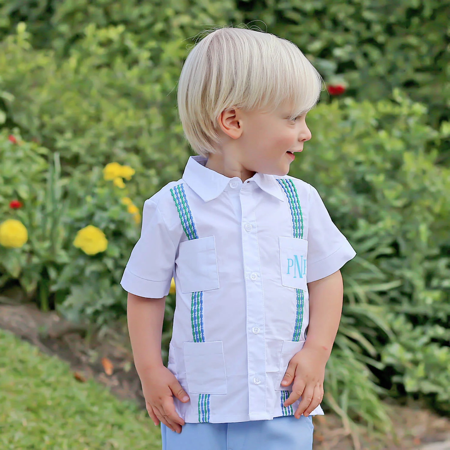 White with Blue & Green Embroidered Guayabera Shirt - Image 4
