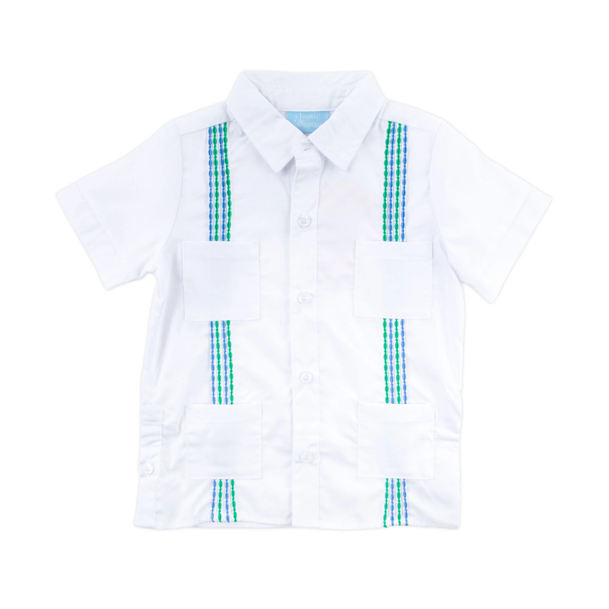 White with Blue & Green Embroidered Guayabera Shirt - Image 6