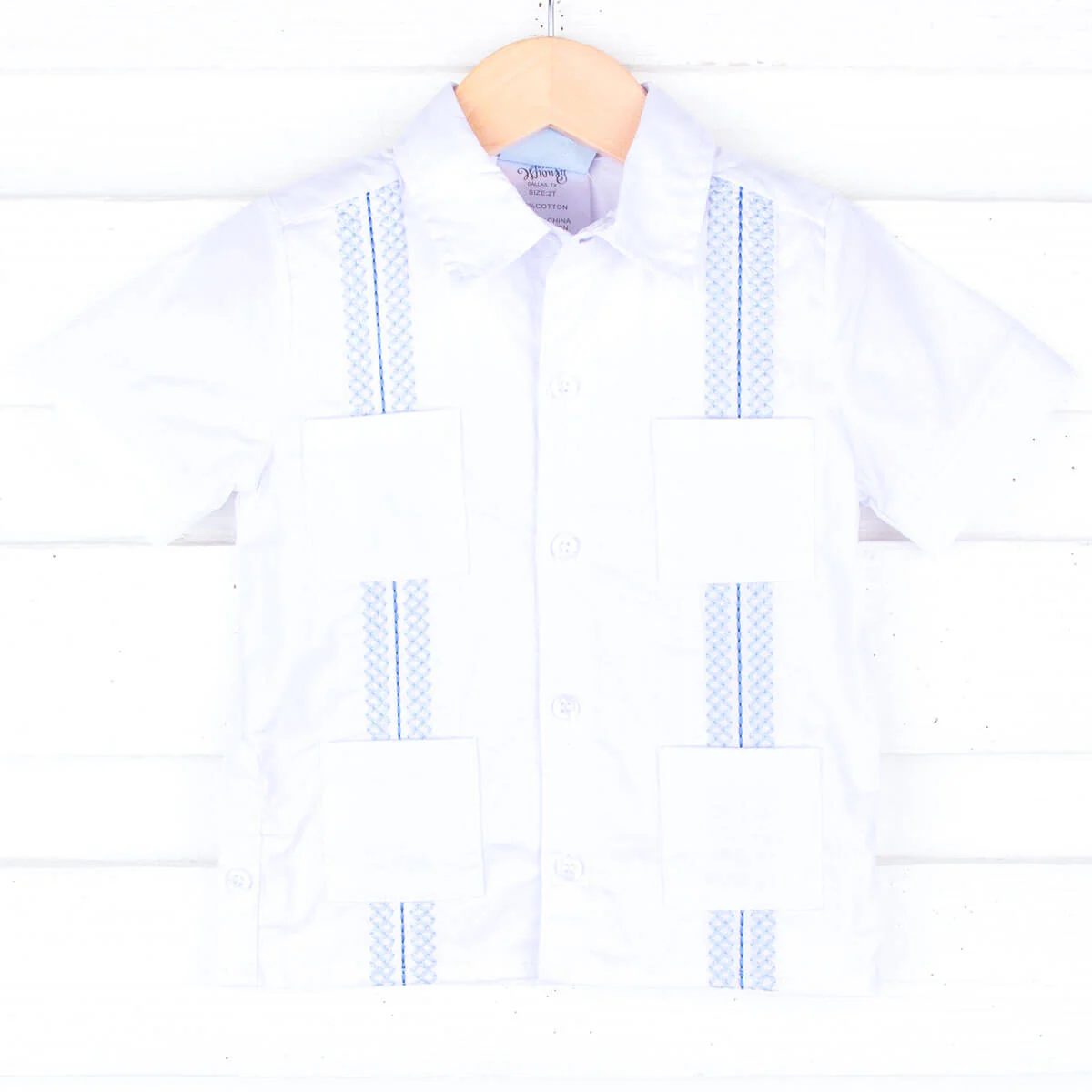White With Blue Embroidered Guayabera Shirt - Image 2