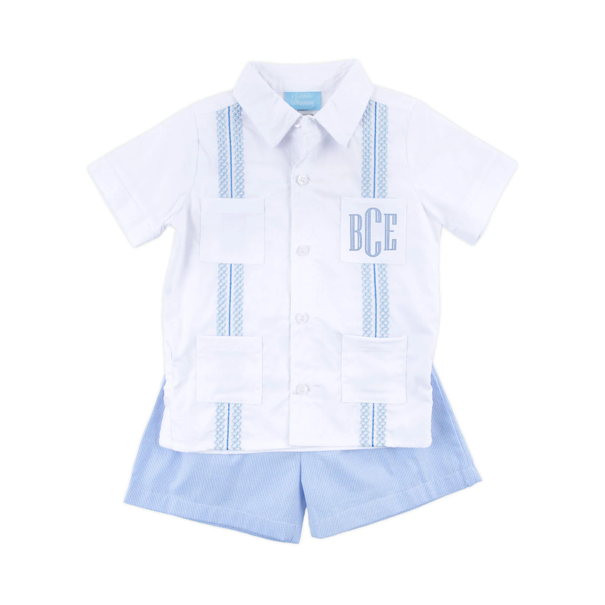 White With Blue Embroidered Guayabera Short Set - Image 2