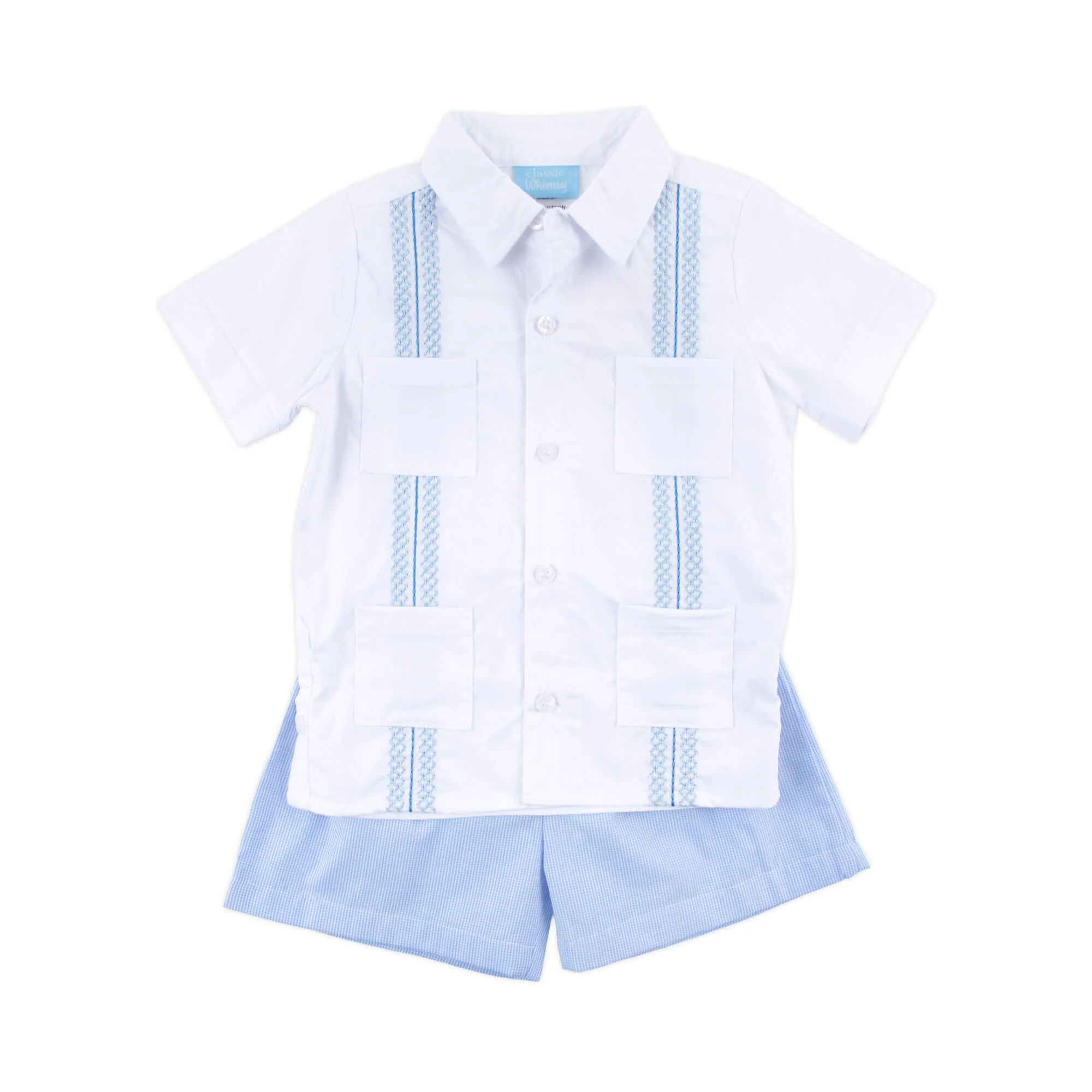 White With Blue Embroidered Guayabera Short Set - Image 4