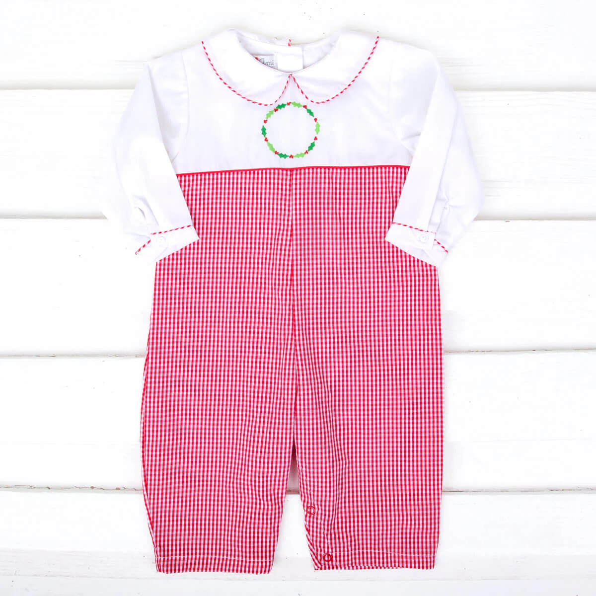 Wreath Embroidery Red Gingham Collared Longall - Image 2