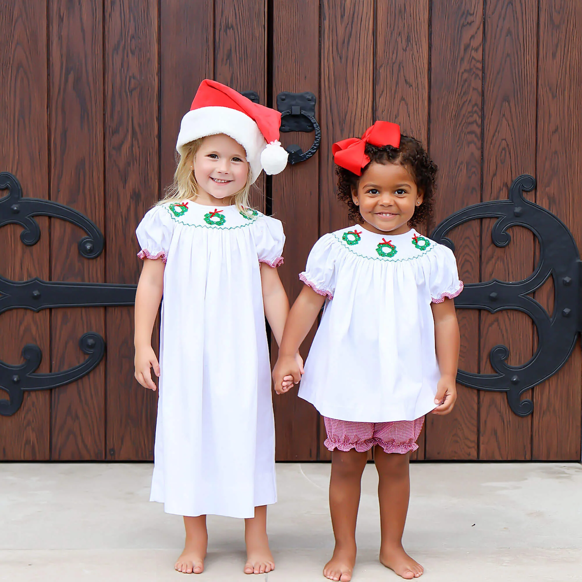 Wreath Smocked White Corduroy Bishop Dress - Image 4